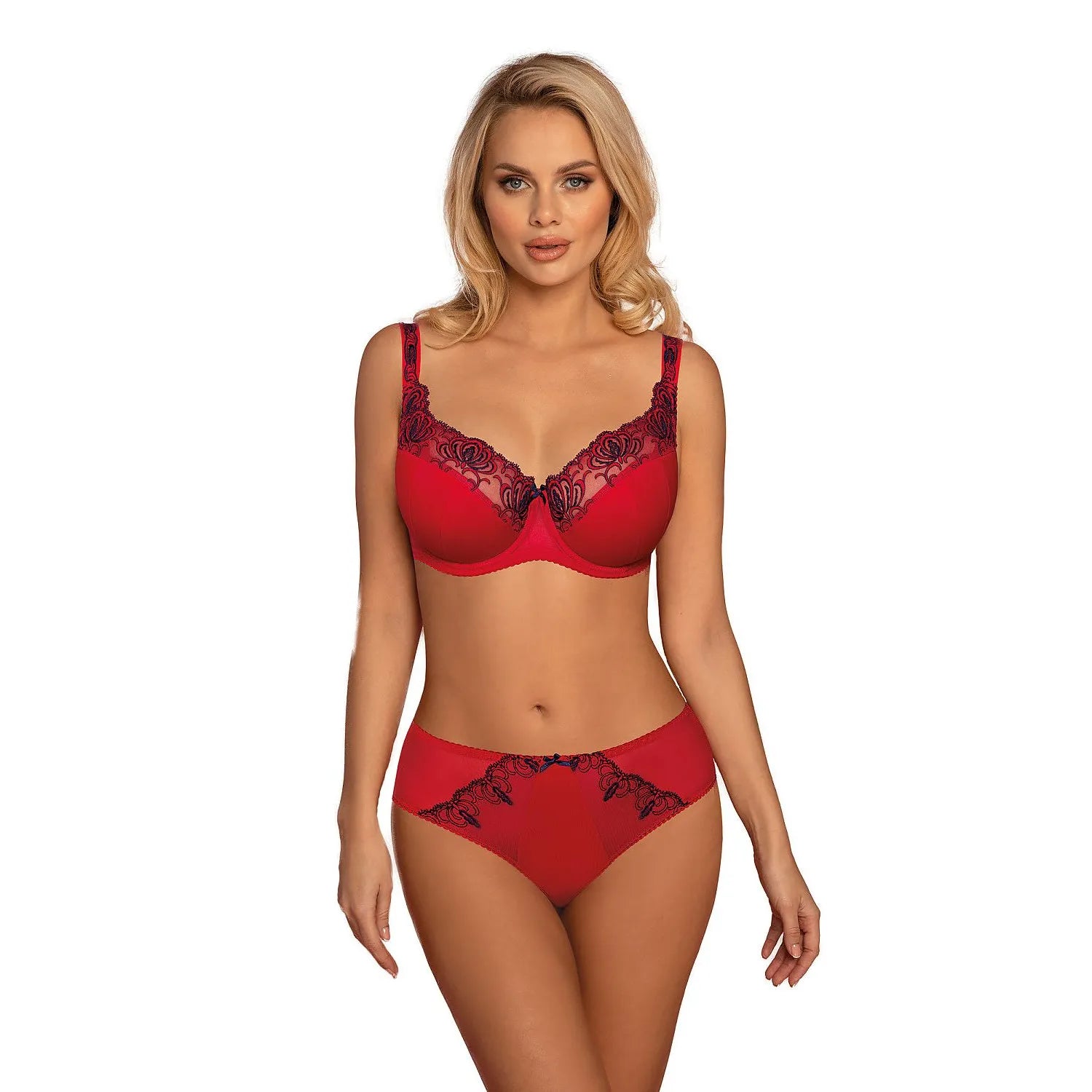 ensemble lingerie élégant broderies florales rouge noir fil contrastant soutiengorge armatures bretelles ajustables agrafes culottes taille moyenne élastiques maintien confort