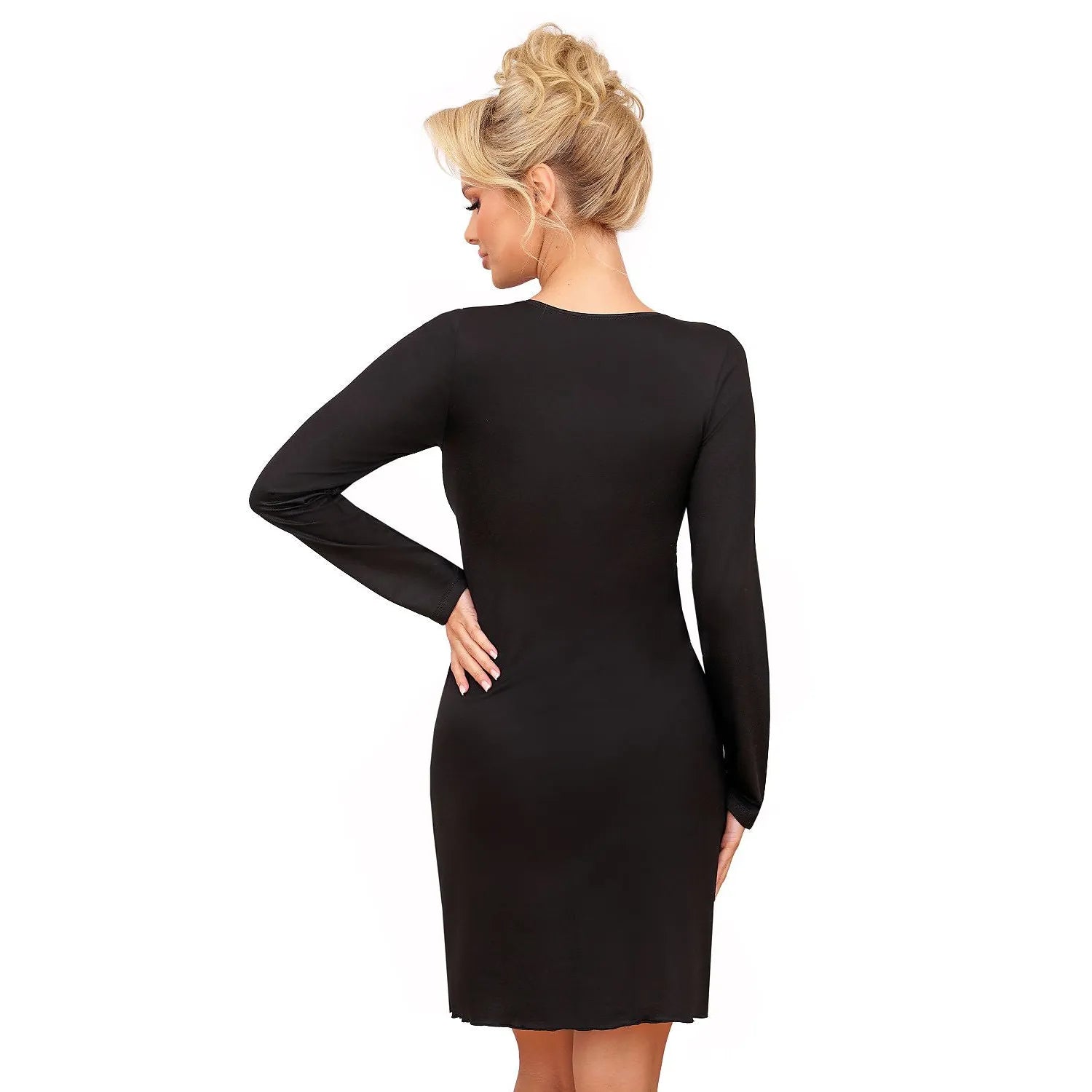 Chemise de nuit noire ajustée, manches longues, dentelle florale, encolure en V, élégante et sensuelle pour nuits romantiq...