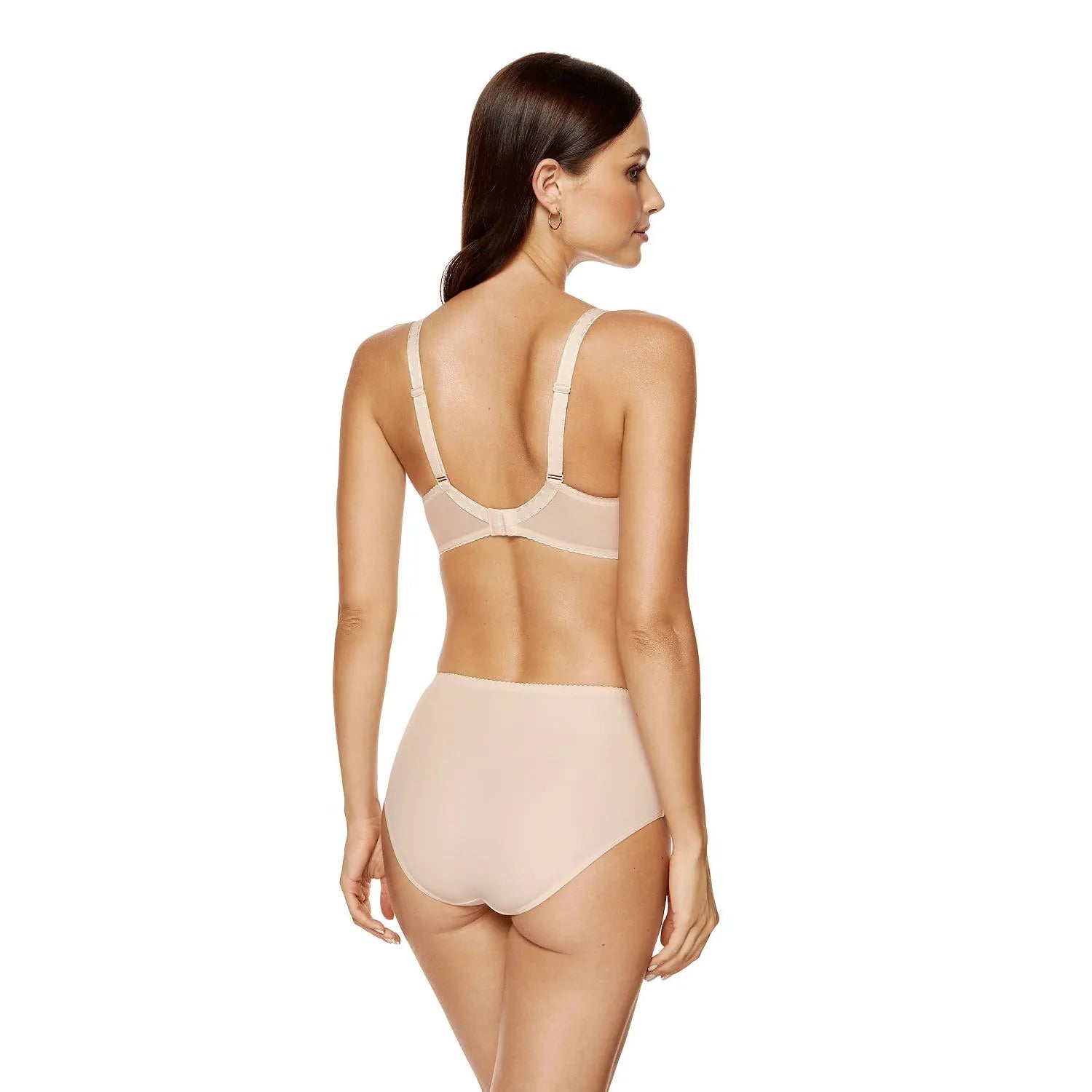 Ensemble lingerie beige avec soutien-gorge semi-soft dentelle florale et culotte taille haute microfibre, vue de dos.