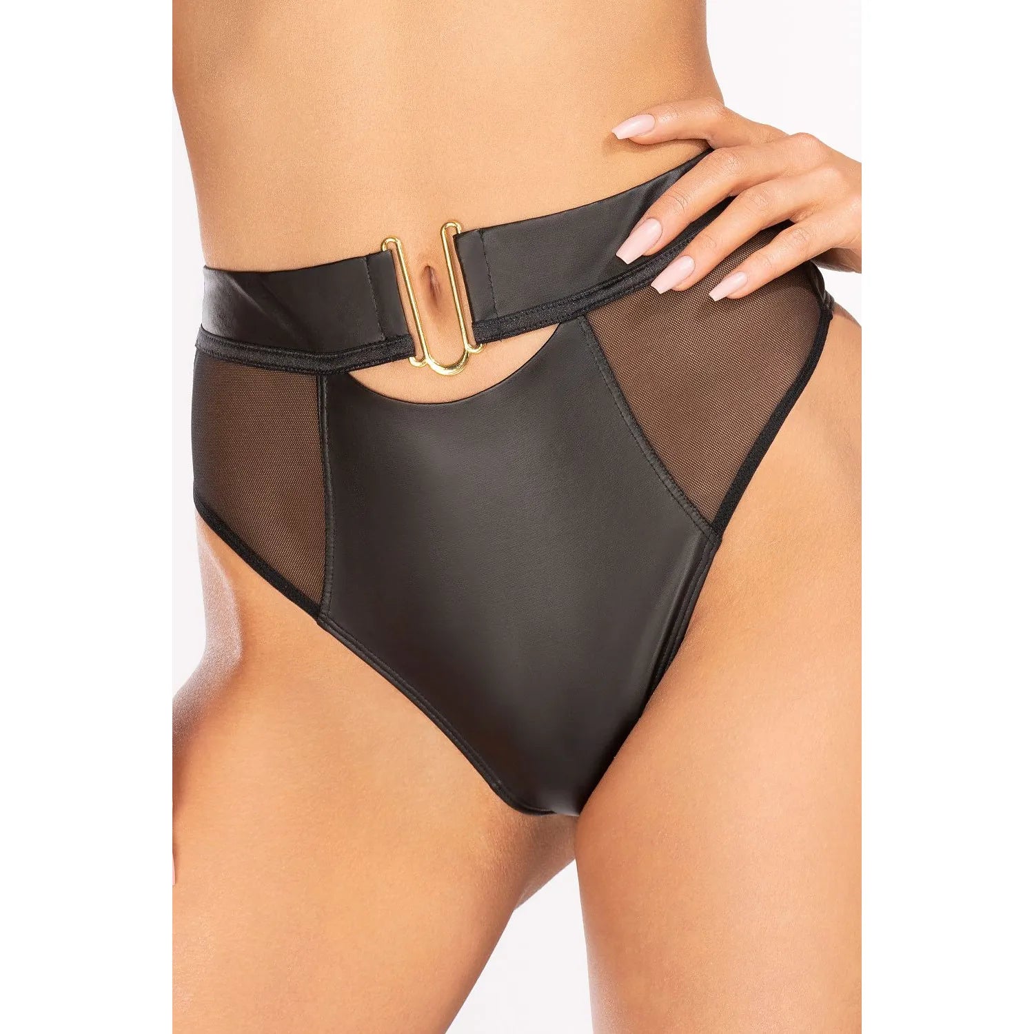Culottes hautes latex inserts tulle ceinture boucle dorée noir brillant transparent sensualité sculptante confortable ajustable Axami soirée séduction club