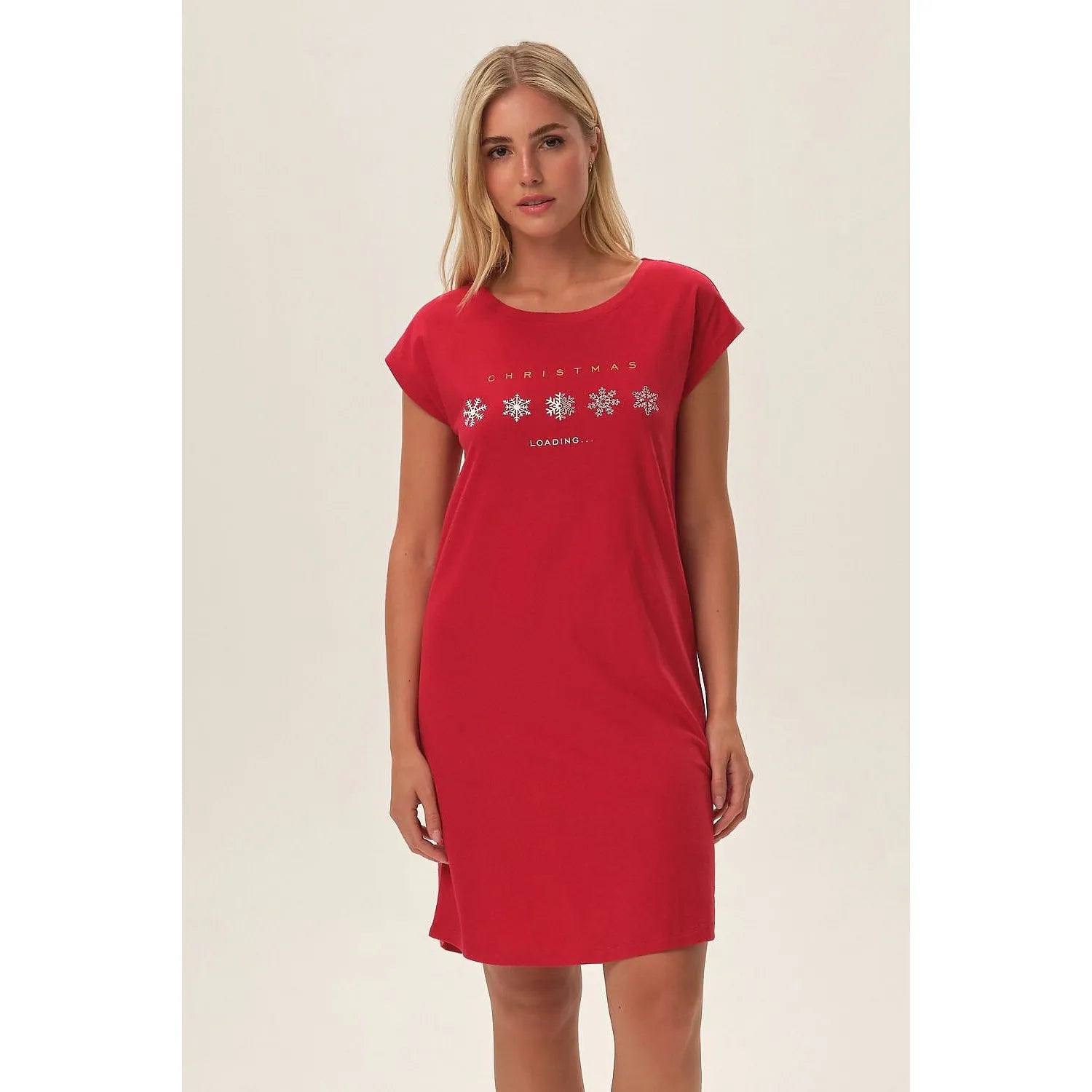 Chemise de nuit rouge motif Noël flocons neige inscription Christmas Loading 203660 Henderson coton 100% confort nocturne féminin