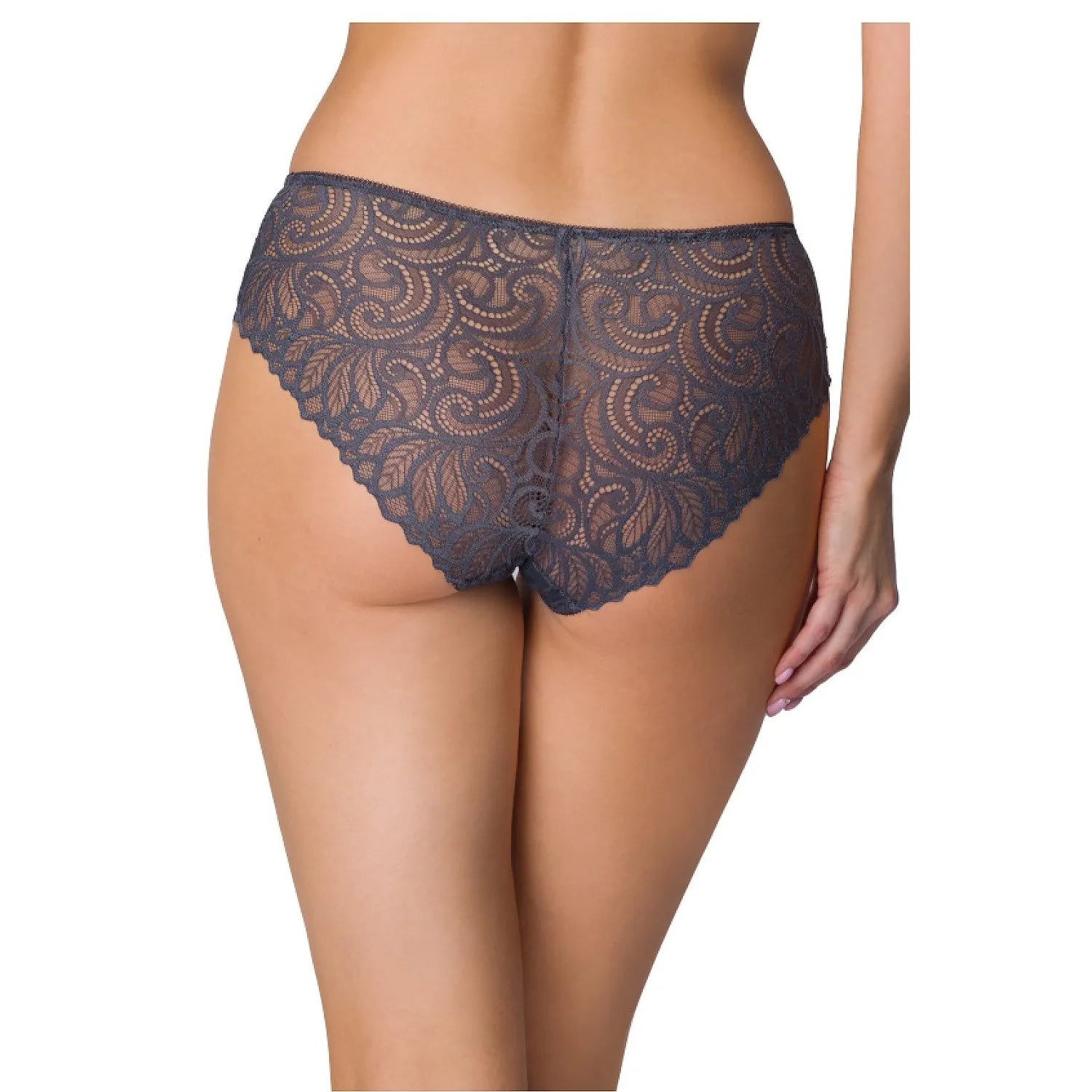 Culotte en dentelle grise taille haute avec motifs floraux, élégante et confortable, idéale pour toutes occasions.