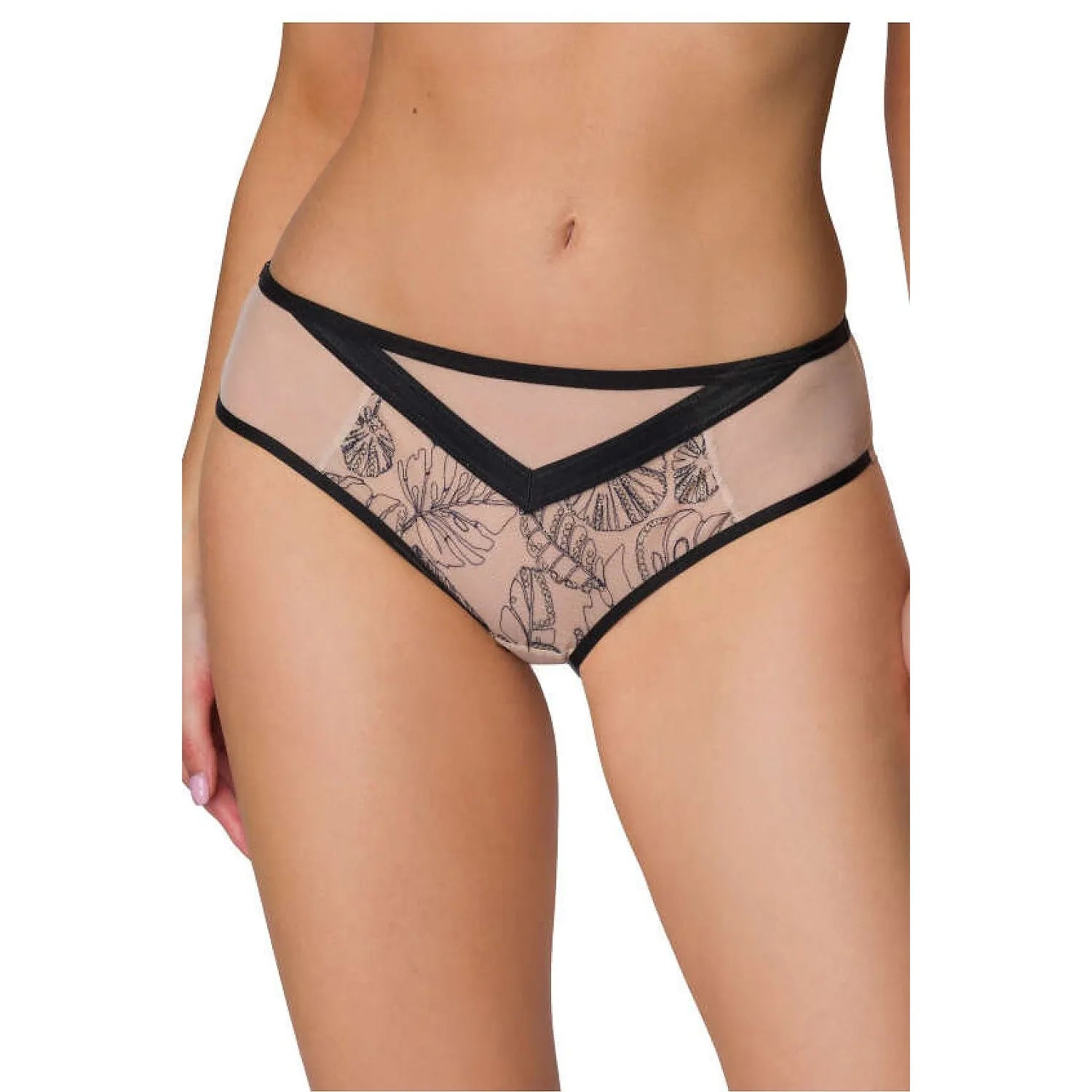 Culotte sexy transparente maille florale papillon beige chair contrastante noire motifs géométriques délicate respirante confortable ajustement parfait féminin élégant sensualité