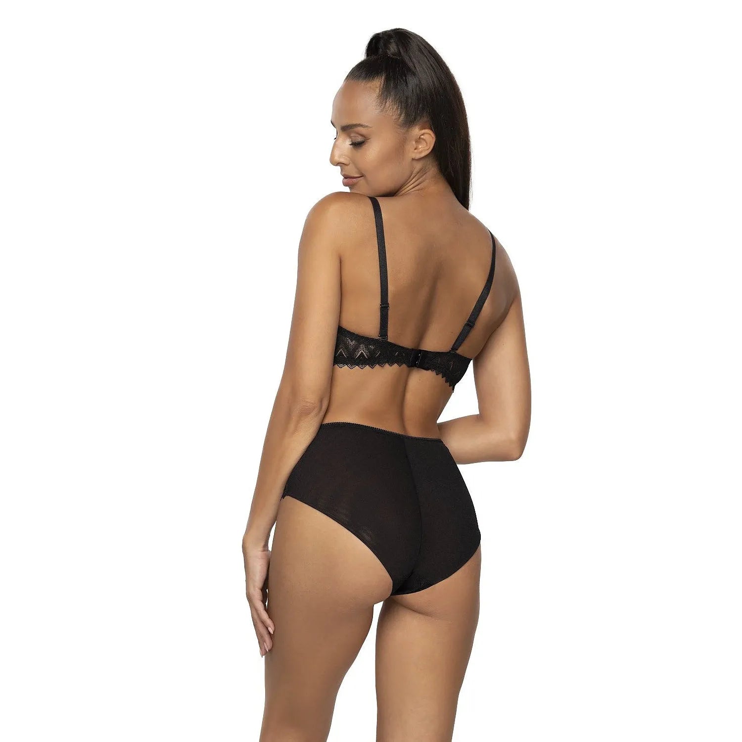 Culotte en dentelle noire taille haute motif zigzag, élégante et moderne, lingerie féminine Elif pour occasions spéciales.