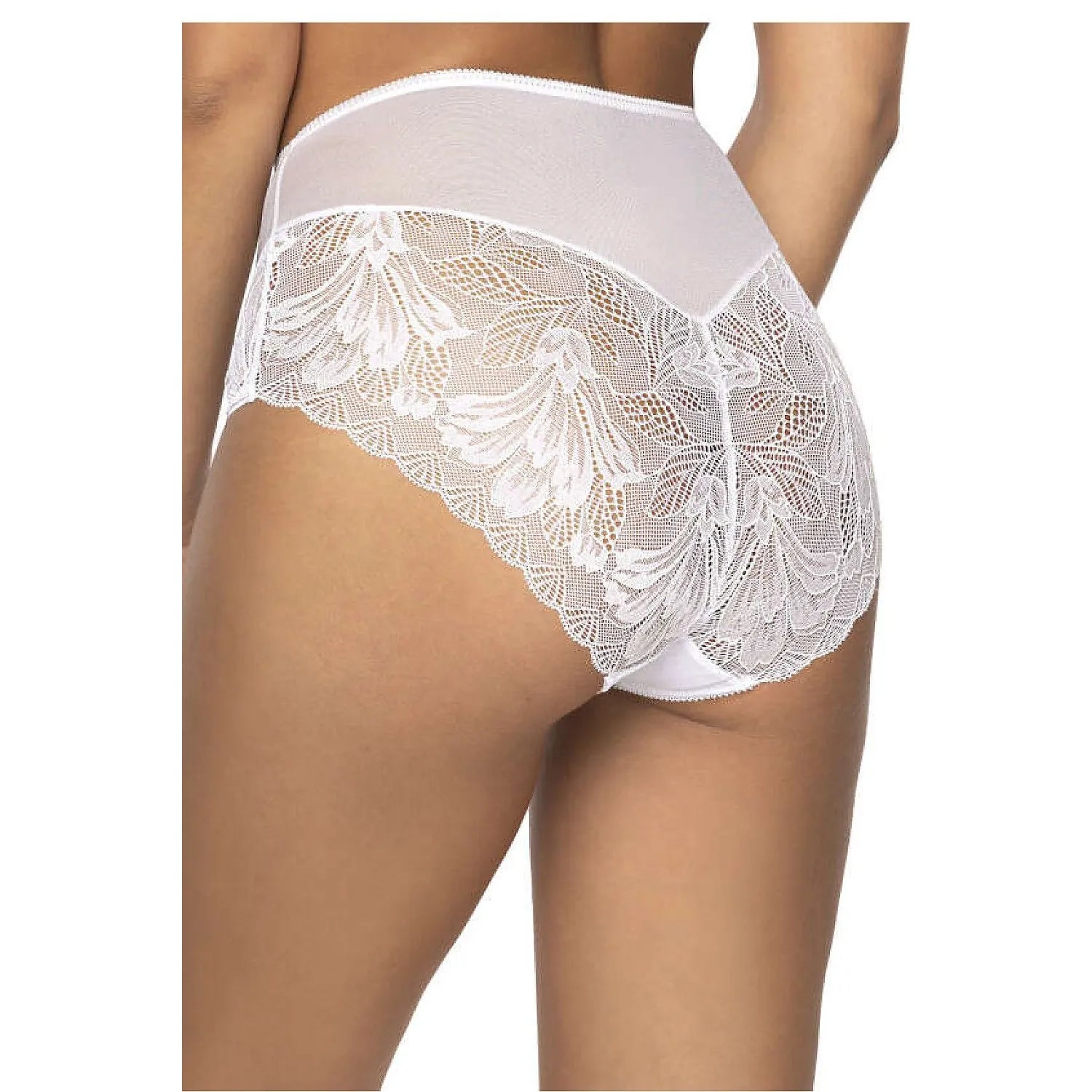 Culotte taille haute blanche en dentelle et tulle, élégante et féminine, offrant confort et maintien pour une silhouette r...