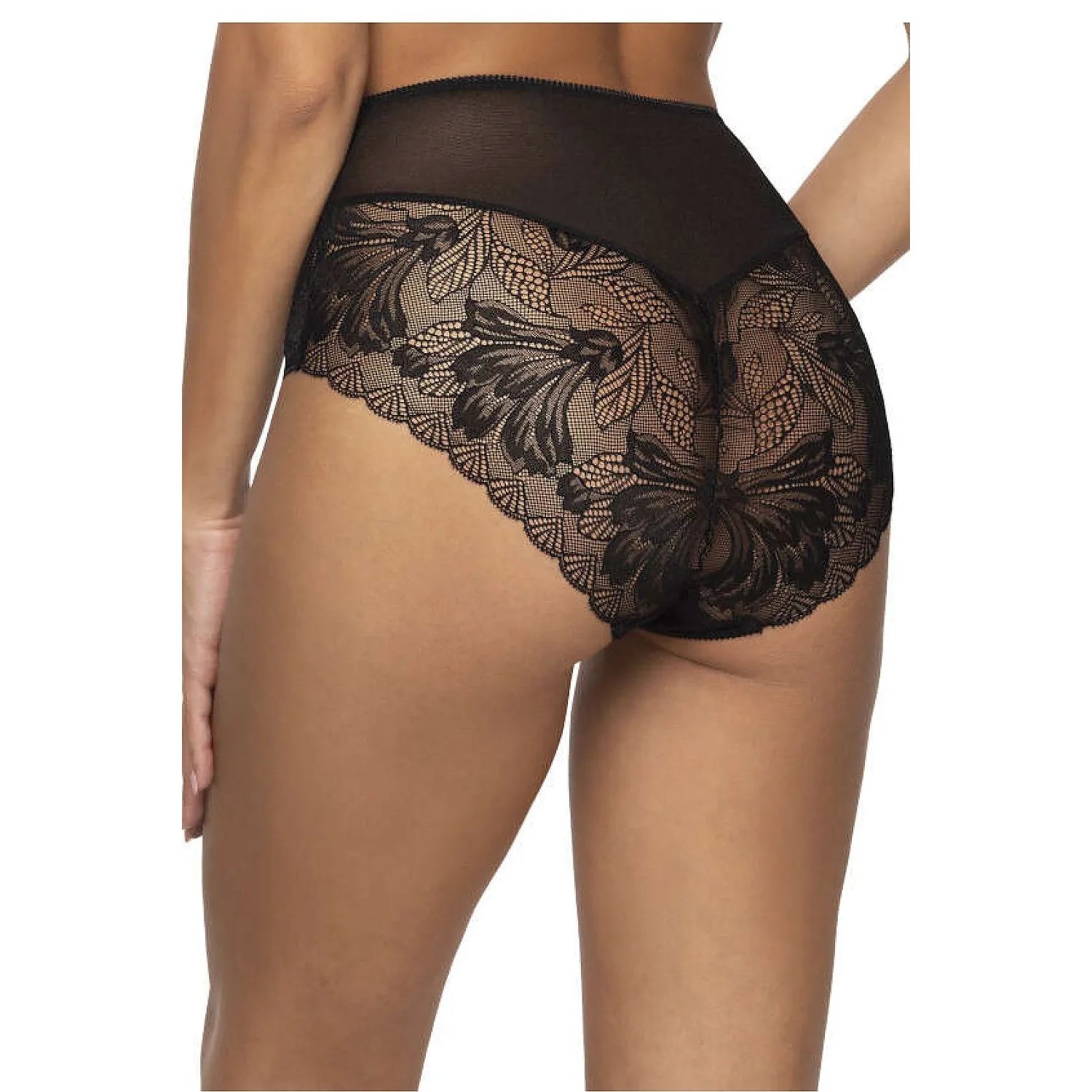 Culotte taille haute en dentelle noire, motif floral, tissu translucide, élégante et confortable, lingerie féminine.