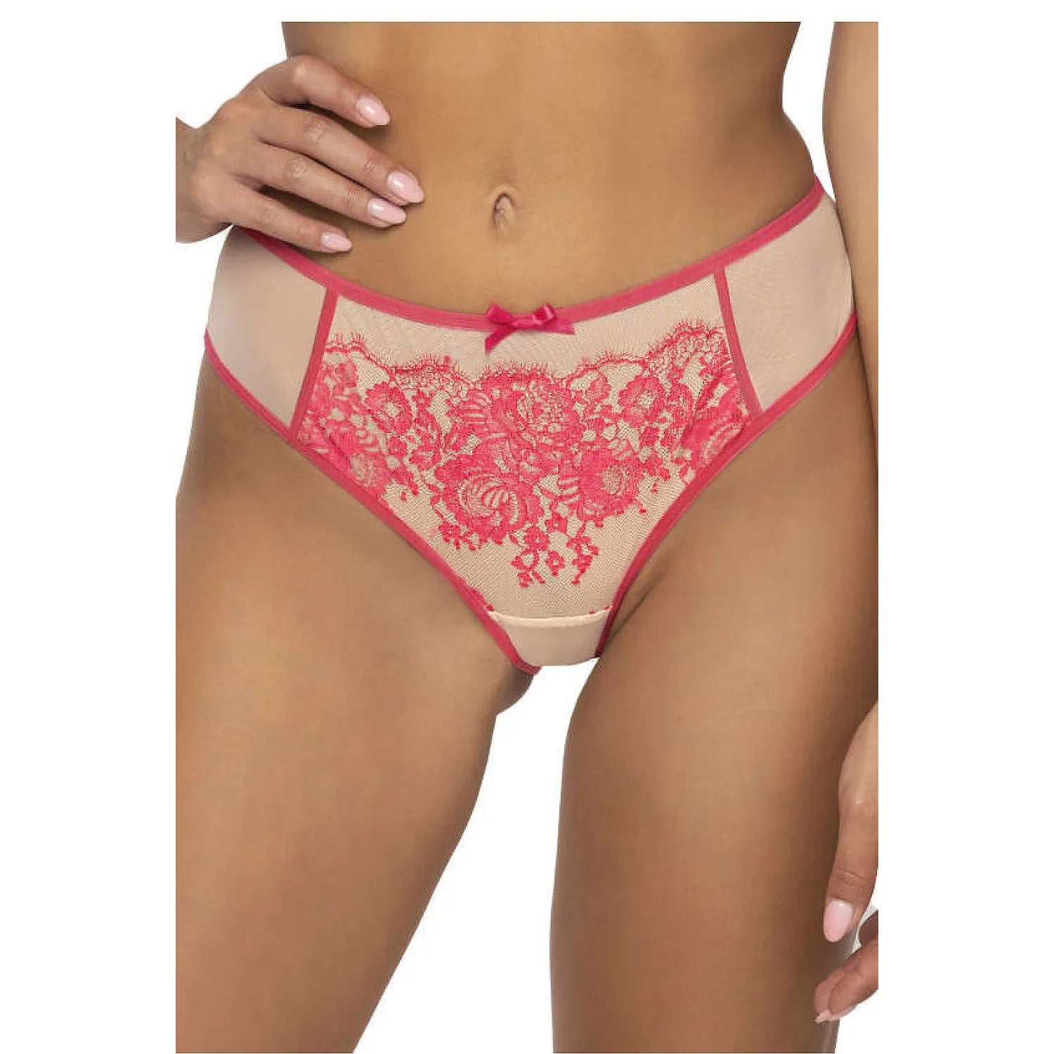 Culotte model 204013 Mat lingerie femme dentelle rose beige tulle élastique ceinture nœud gousset coton taille ajustée hips 88-124 cm