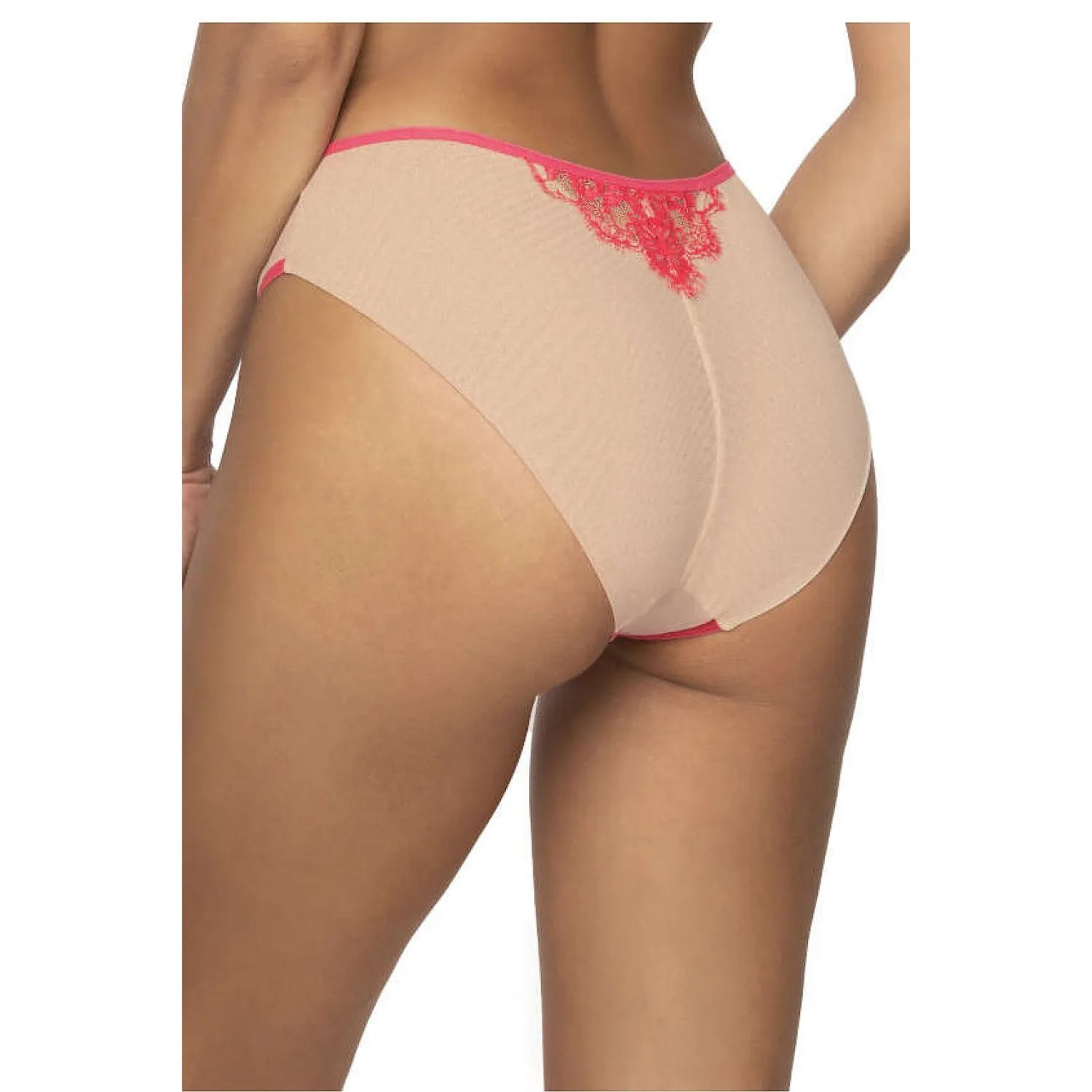 Culotte dentelle rose beige, tulle élastique, ceinture nœud, gousset coton, style romantique, taille ajustée.