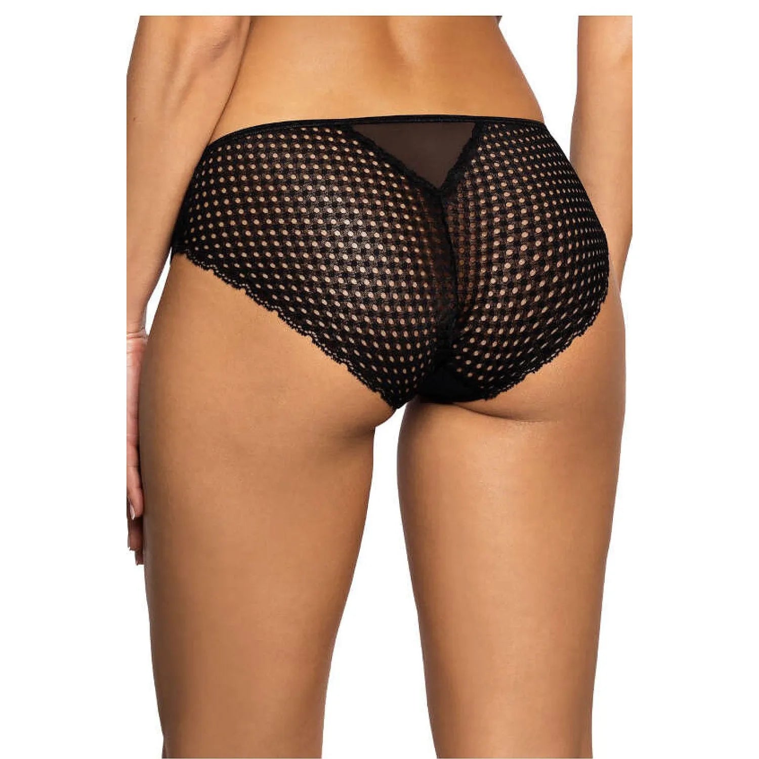 Culotte dentelle noire Marley, motifs géométriques, maille transparente, nœud décoratif, élégante et sensuelle.