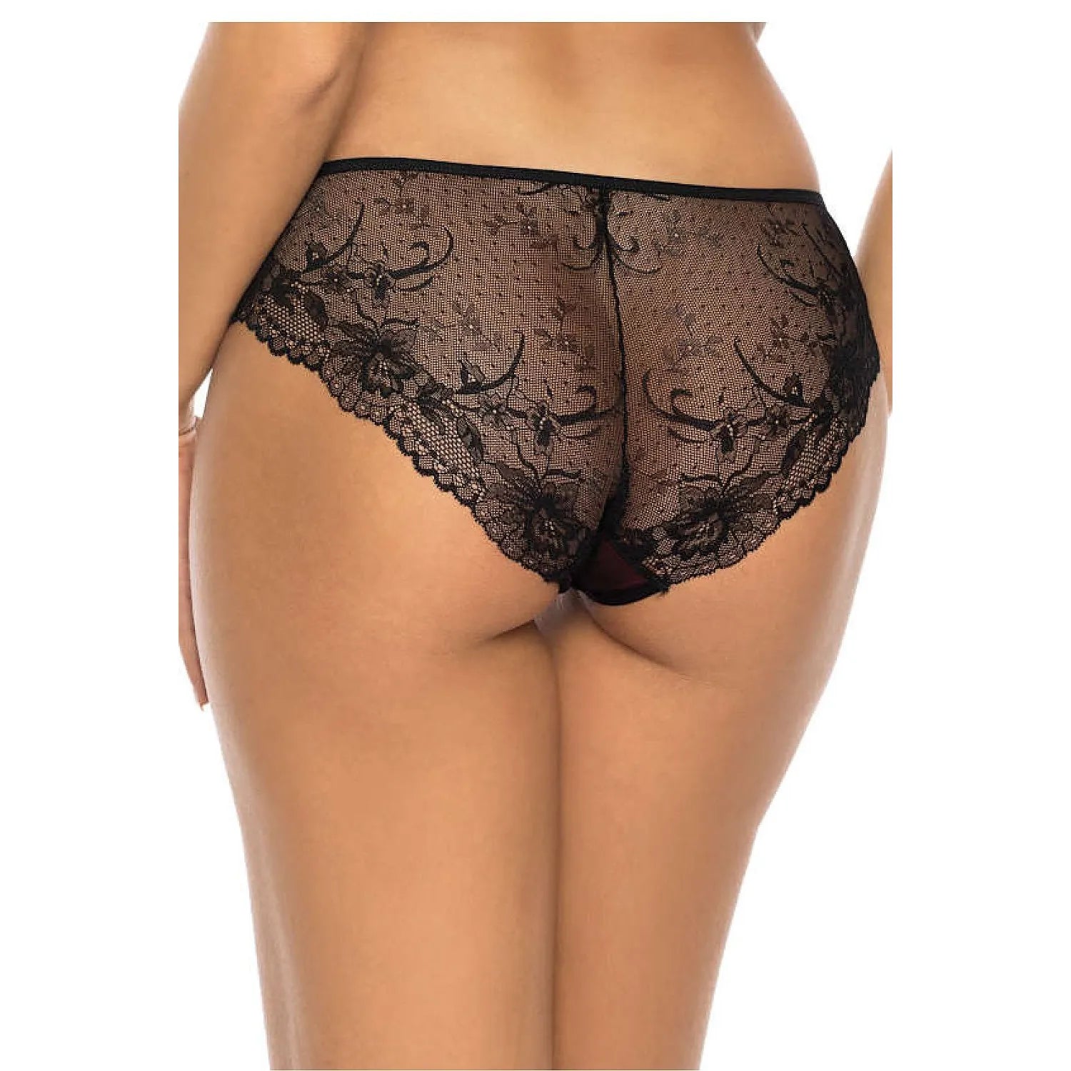 Culottes dentelle noire bordeaux, design élégant, détails floraux, tissu doux, confort ajusté, lingerie féminine sexy.