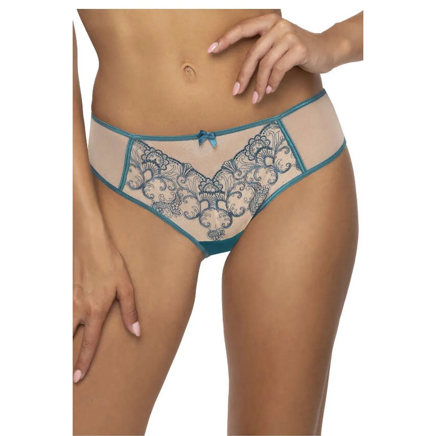 Culotte féminine Maureen S-3808/4 string beige turquoise maille brodée nœud décoratif coton élasthanne polyamide lingerie sexy discrète femmes