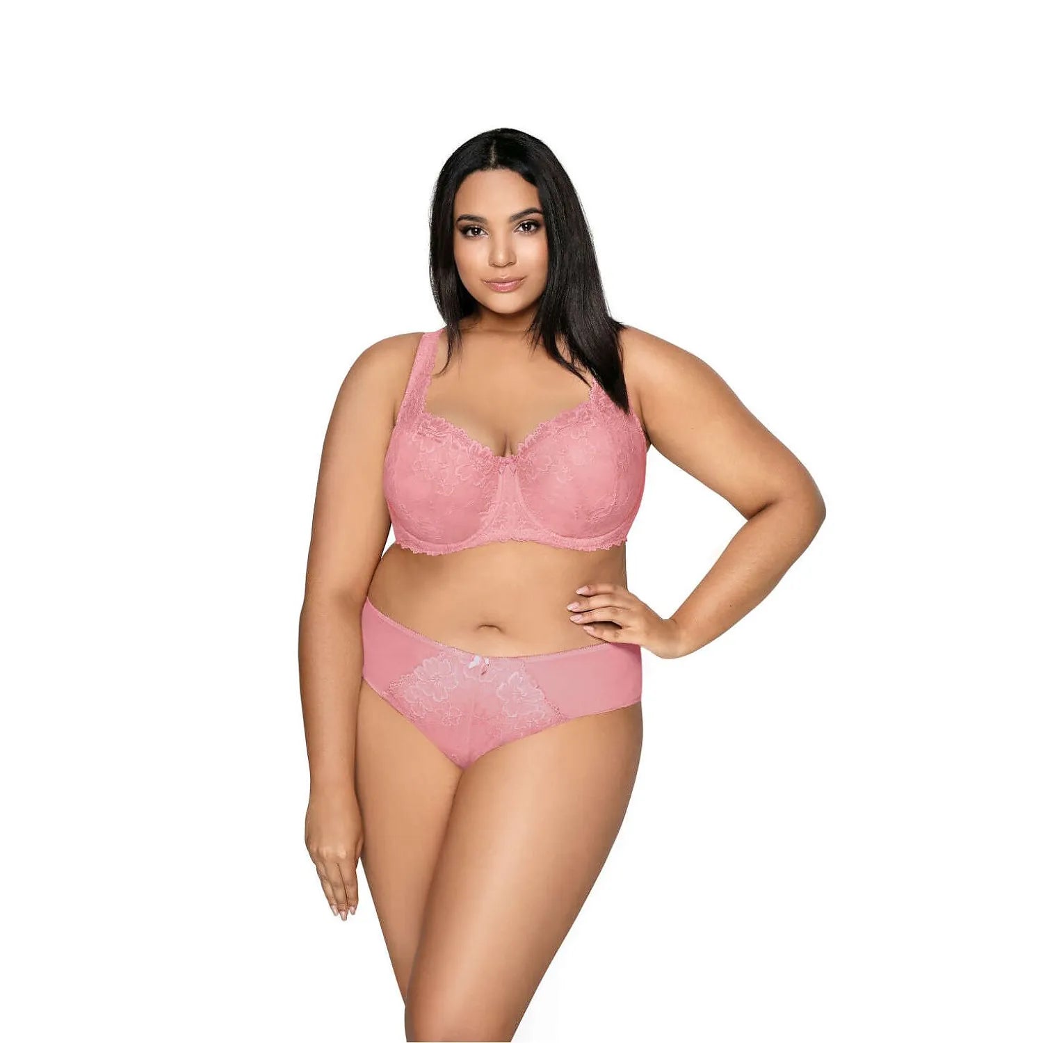 Culotte en dentelle rose poudré élégante, taille H, avec nœud central, pour silhouettes voluptueuses, tissu doux et élasti...