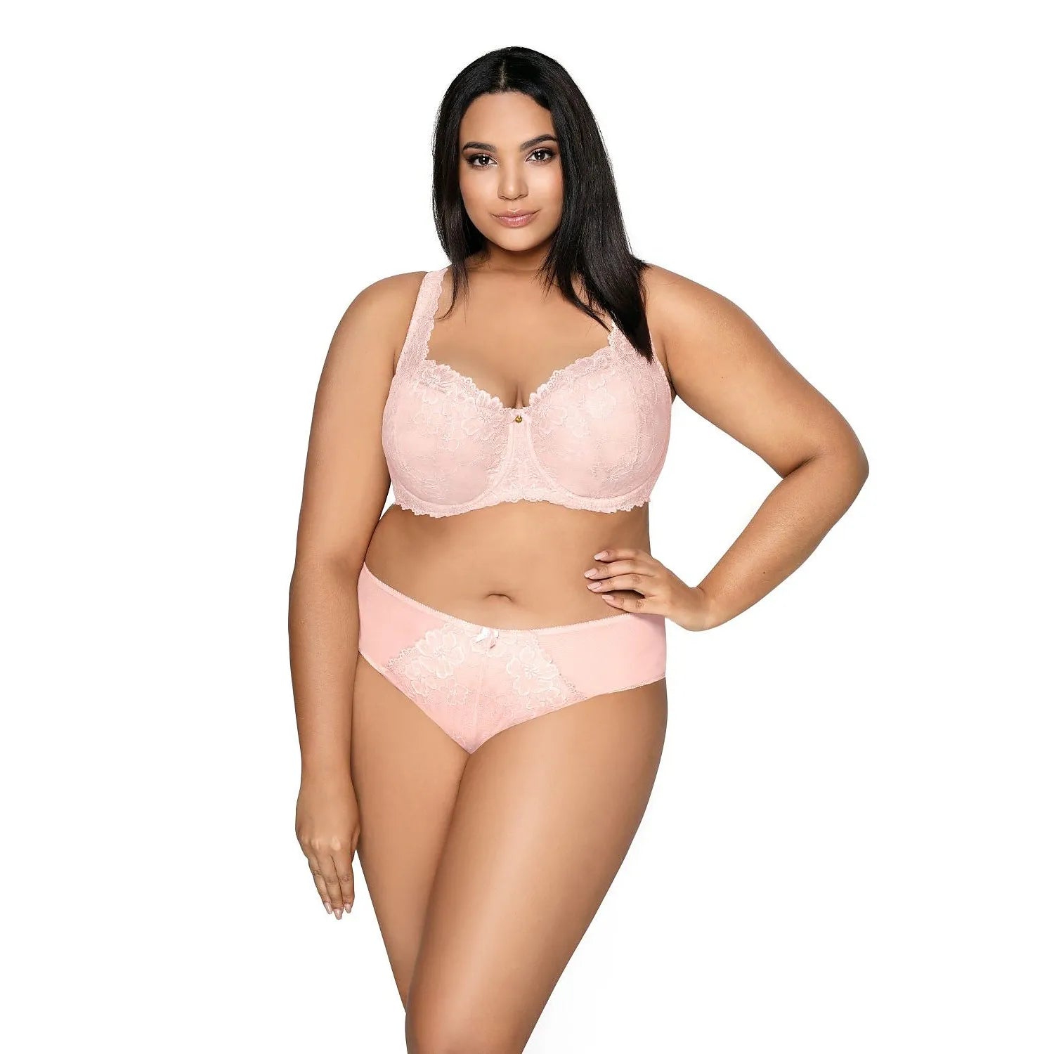 Culotte dentelle rose pâle, sans coutures, nœud décoratif, confortable, féminine, raffinée, extensible, coton-élasthanne.