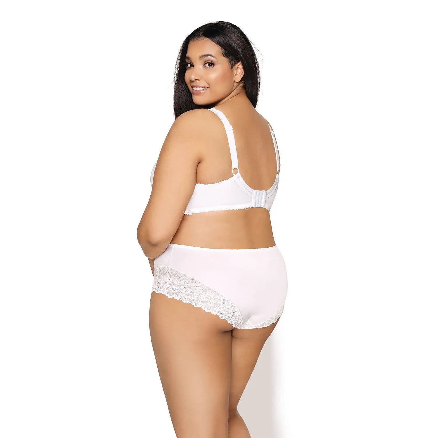 Culotte blanche en dentelle élégante, coupe couvrante, nœud central, taille 36, hypoallergénique, confort optimal.