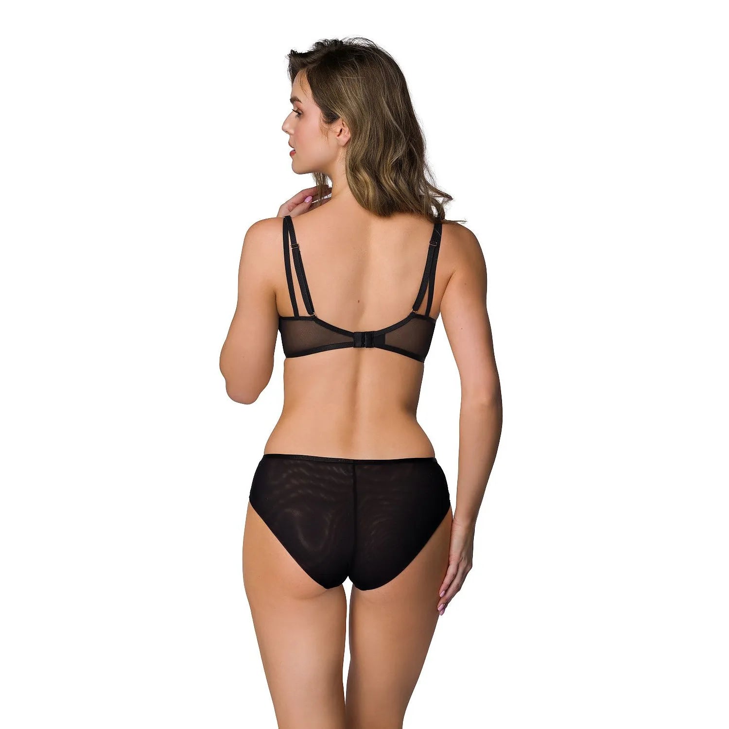 Culotte noire Esme en maille transparente avec ornement doré, design croisé, offrant confort et allure sophistiquée.
