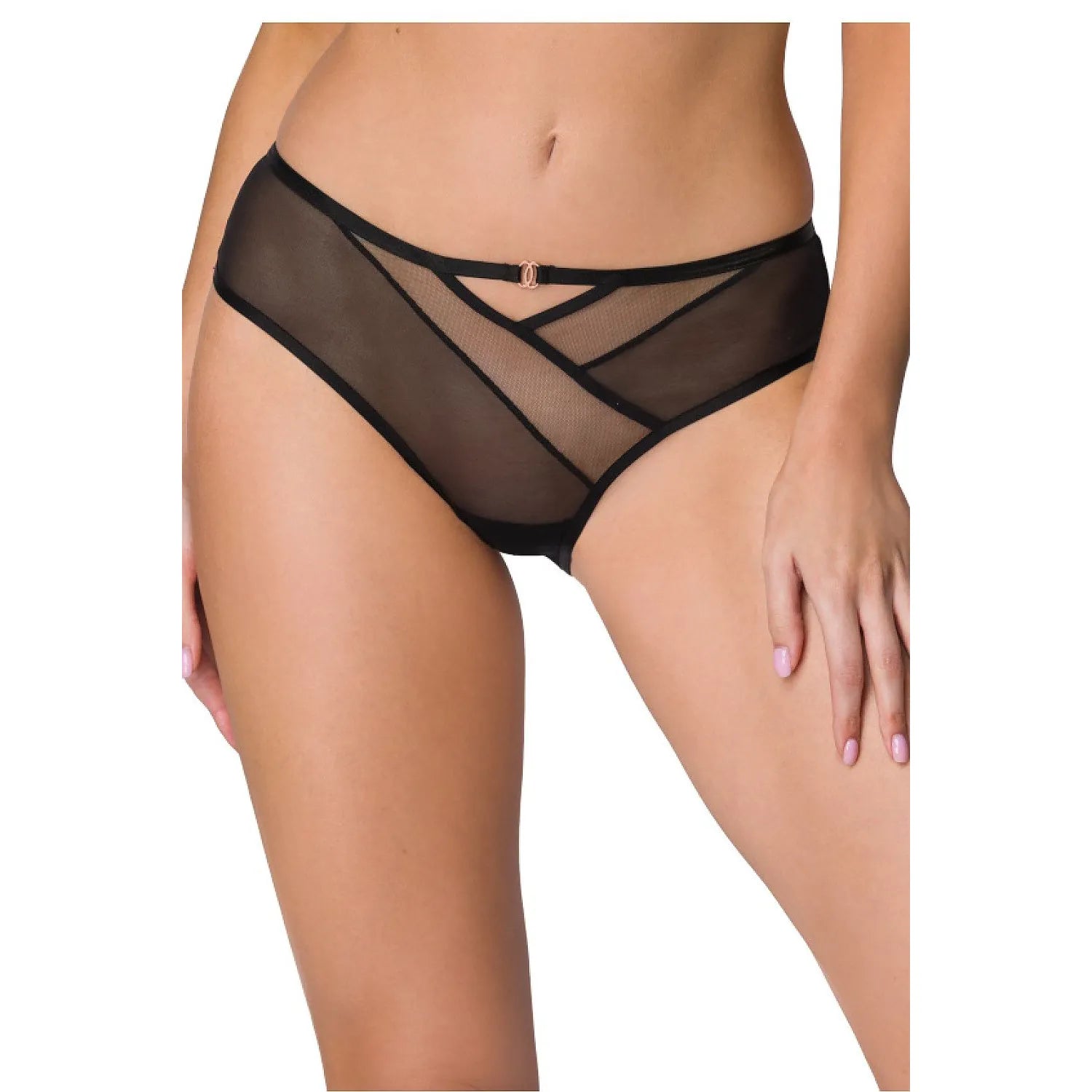 Culotte en mesh transparent noire sensuelle with détails dorés design asymétrique V lingerie féminine confortable taille ajustable morphologies sexy