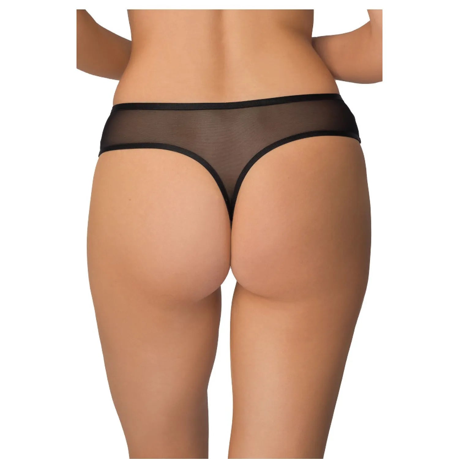Culotte en mesh noir transparent avec détails dorés, design asymétrique en V, taille ajustable, style sensuel et moderne.