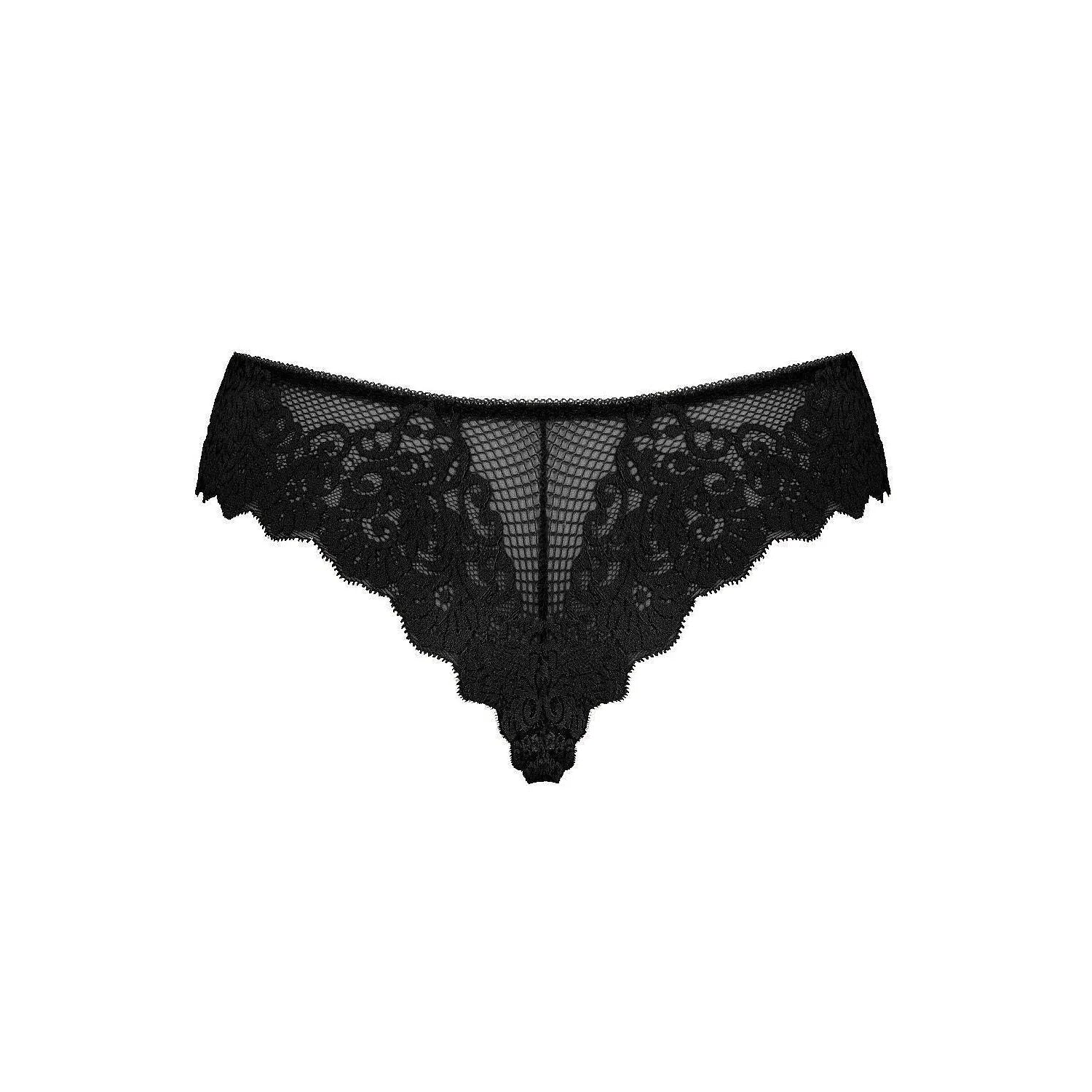 Culotte en dentelle noire transparente avec motifs floraux et nœud décoratif, lingerie féminine élégante et sexy.