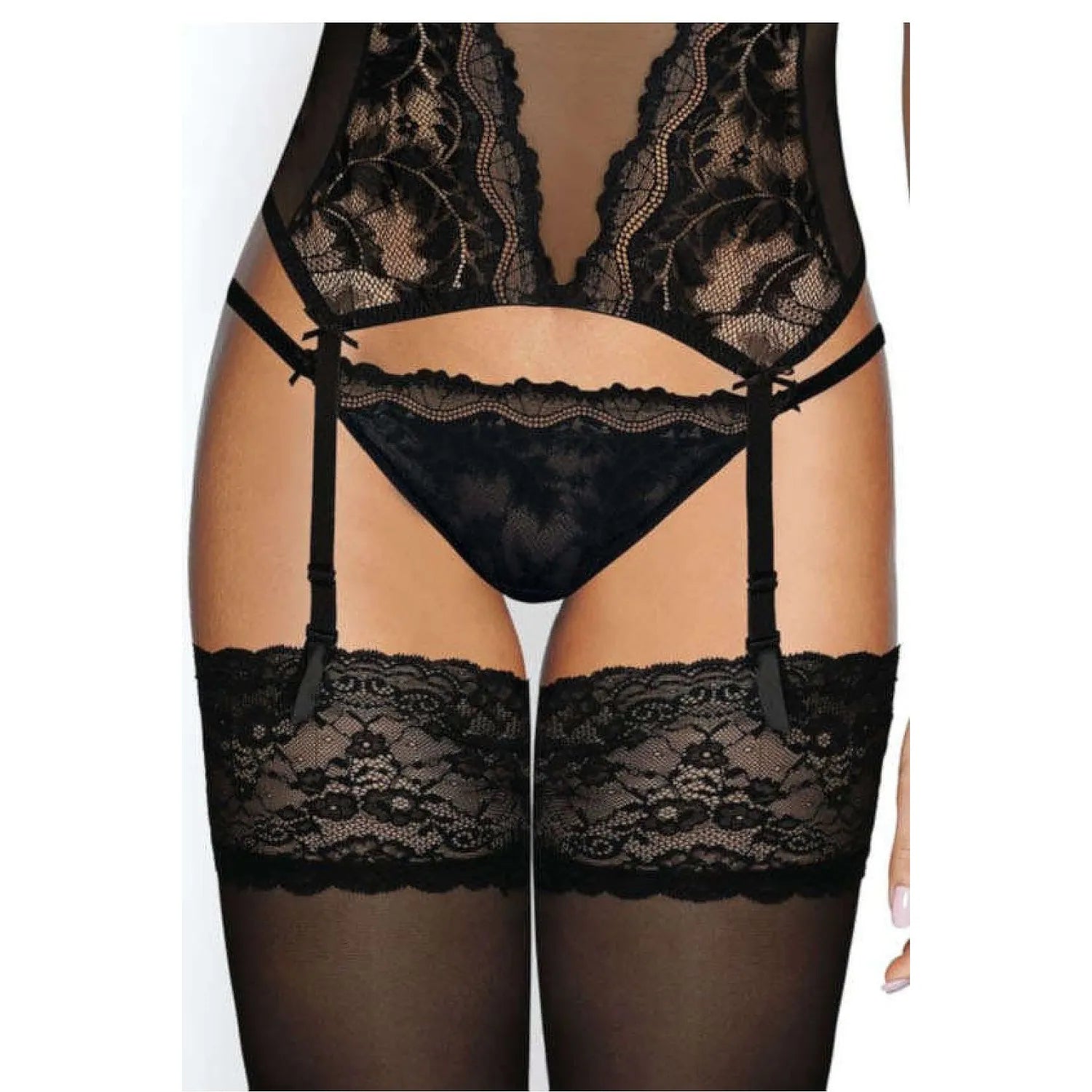 Ensemble lingerie érotique dentelle florale body porte jarretelles intégré bas assortis noir réglables autofixants confortable élégant