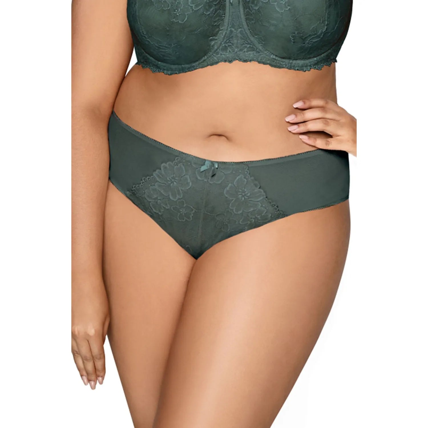 culotte taille haute dentelle florale microfibre confortable élastique invisible vert foncé broderie nœud central discret sophistiqué élégant raffiné hypoallergénique durable