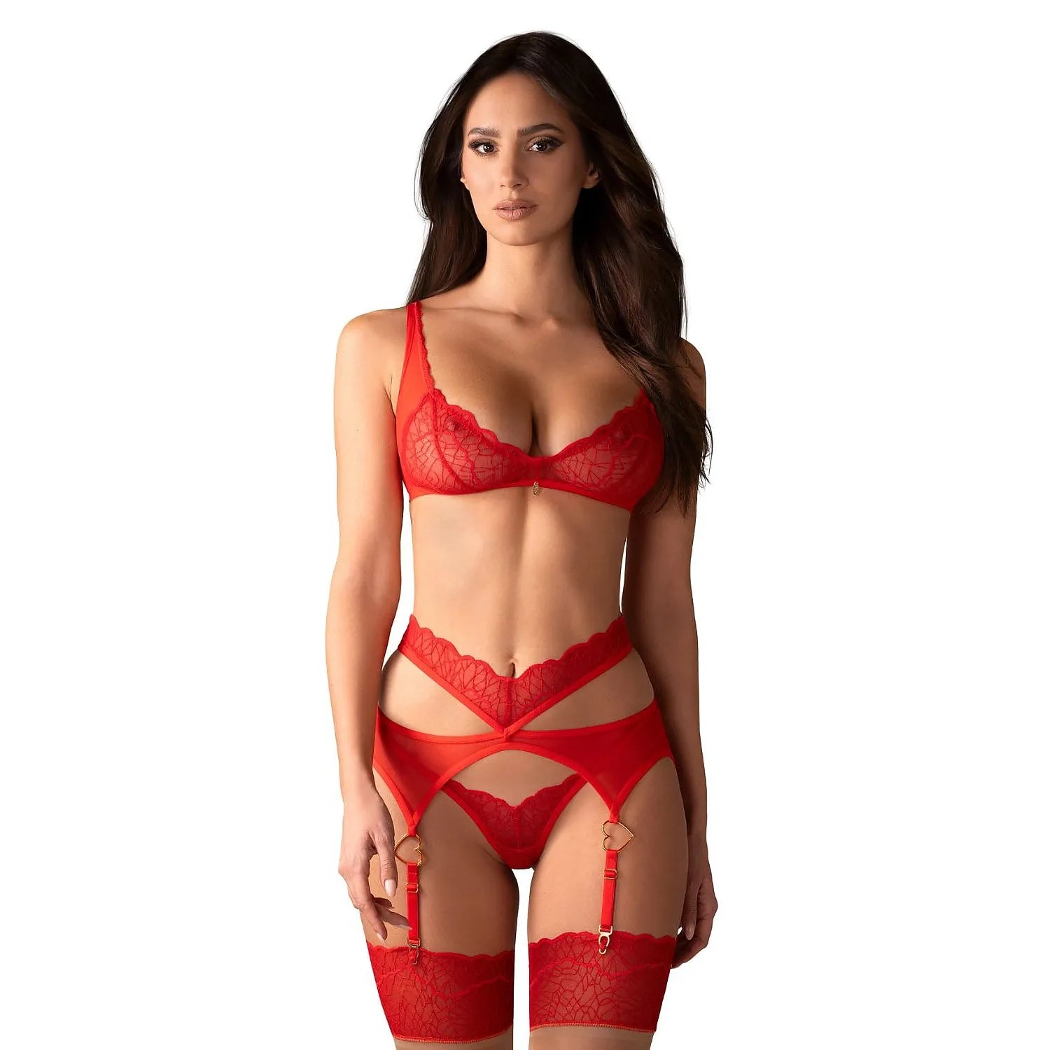 ensemble lingerie sexy Obsessive rouge satiné dentelle transparente soutiengorge portejarretelles culotte échancrée bas résille réglable métallique doré confortable élégant féminin