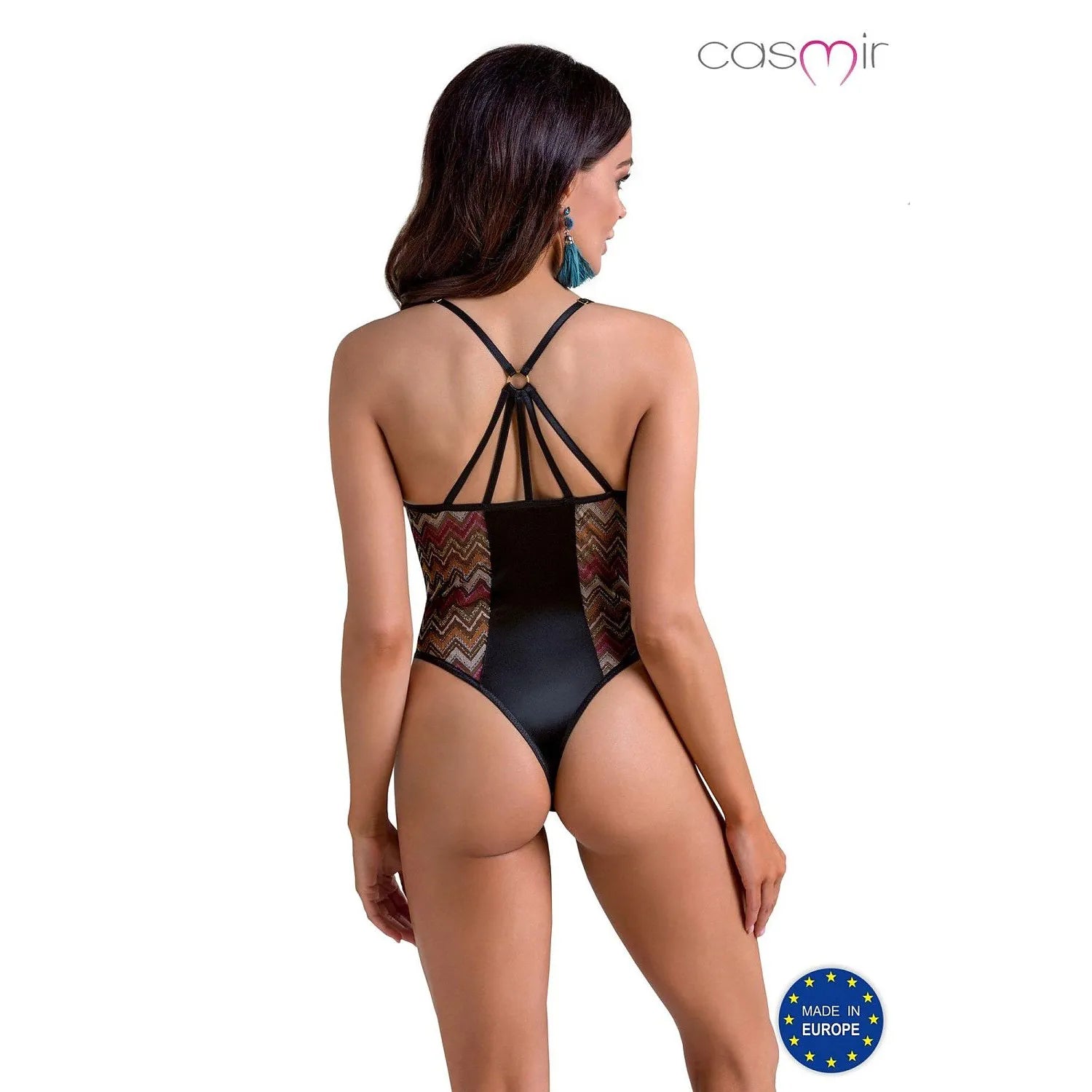 Body en dentelle noir Casmir, motifs chevrons multicolores, décolleté V, lanières élégantes, tailles S/M à 3XL.