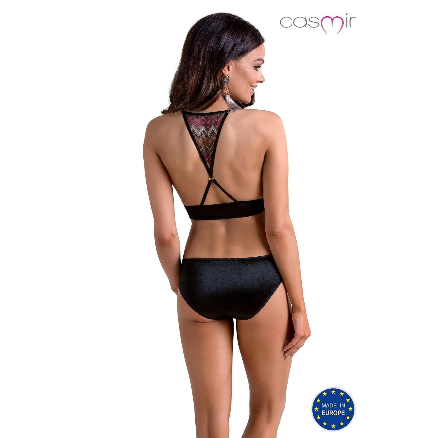 Ensemble lingerie dentelle satin Casmir, soutien-gorge sans armatures, motif zigzag doré-brun, bretelles ajustables.