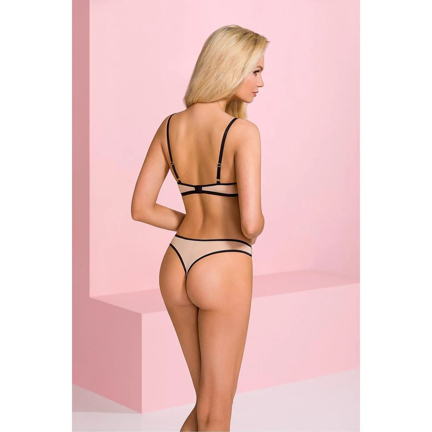 Ensemble lingerie Casmir 206266, dentelle noire et beige, soutien-gorge balconnet, culotte taille élastiquée, élégant.