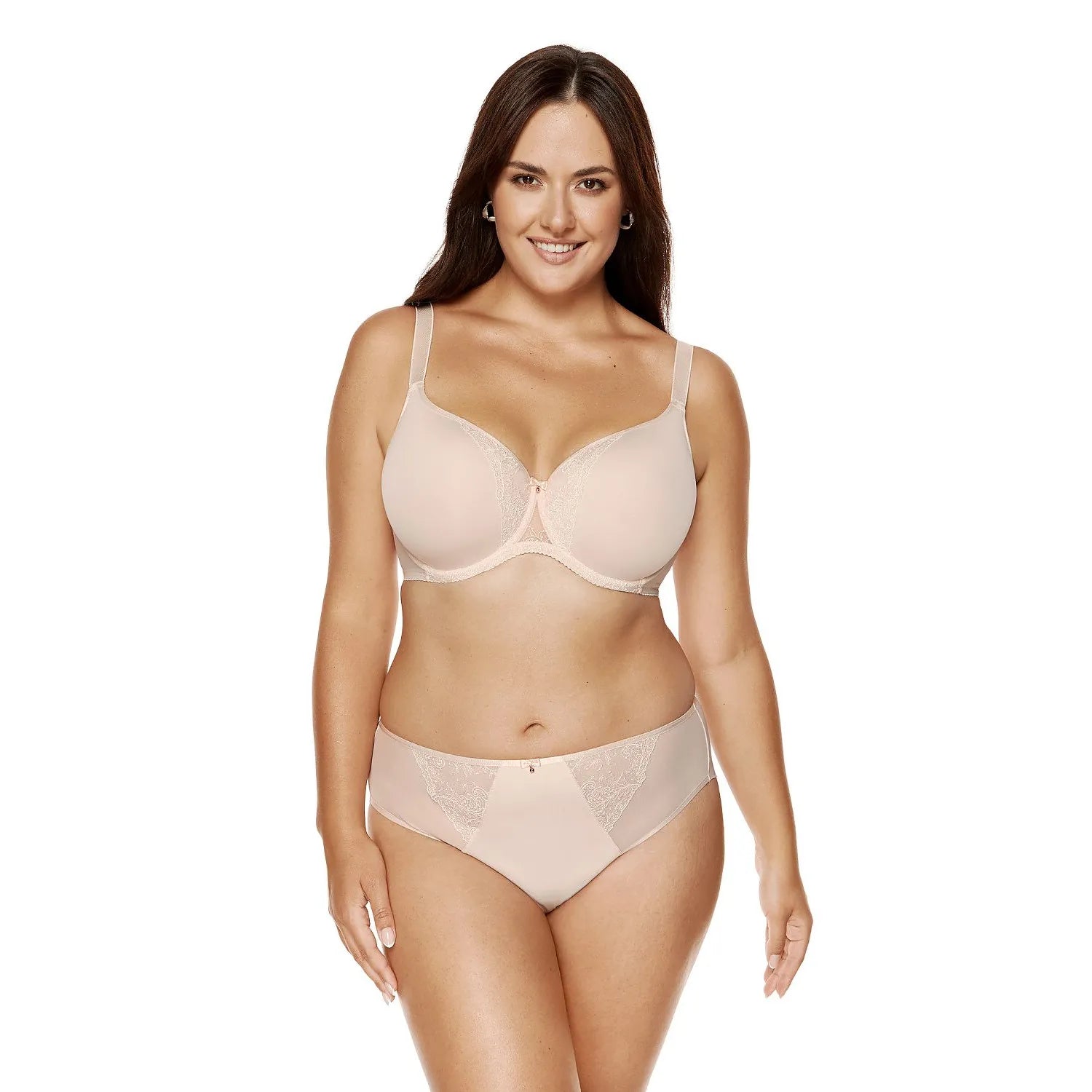 Ensemble lingerie balconnet dentelle beige, soutien-gorge rembourré et culotte bikini, élégant et confortable.