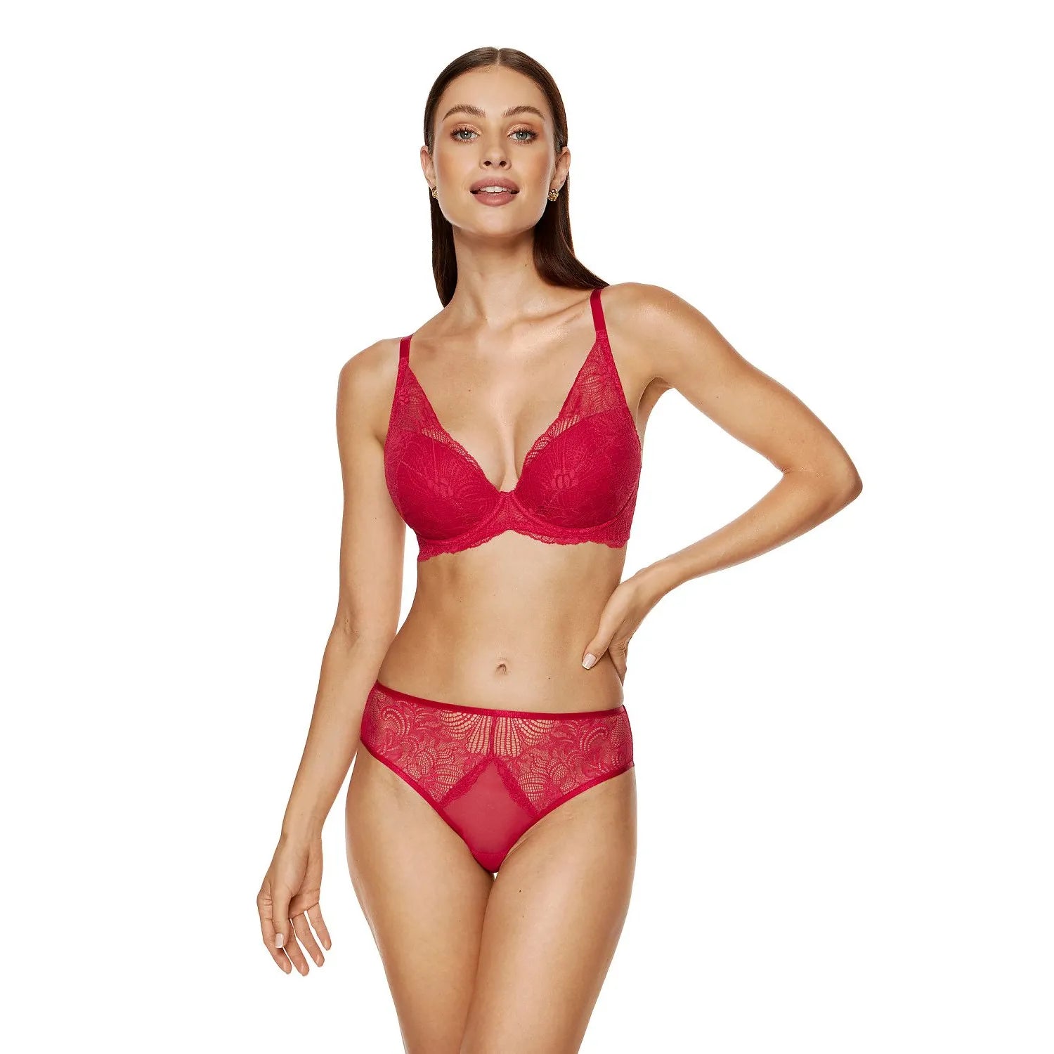 Ensemble Lingerie Féminine Rembourrée Dentelle Rouge Florale Gorteks Modèle206640 Soutiengorge BretellesAjustables DosDentelle Culotte Transparente CôtésLarges DoublureCoton OekoTex Confort Élégante Sensuelle