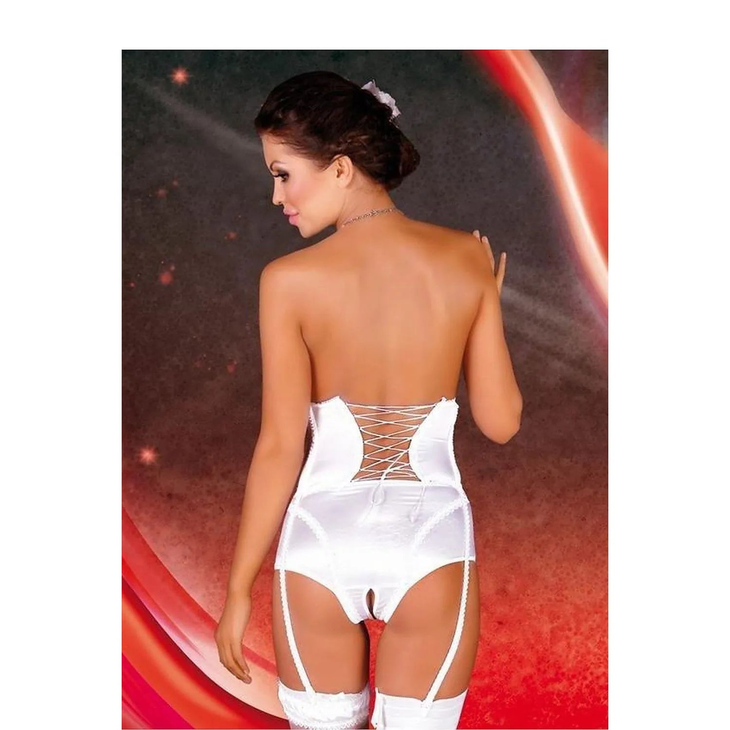 Corset blanc satiné avec dentelle, bretelles jarretelles, vue arrière, élégant et raffiné, modèle Soft Line Collection.