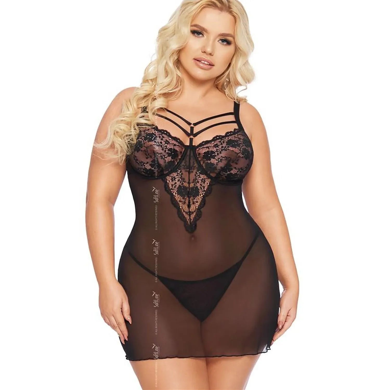 Ensemble sexy lingerie dentelle noire babydoll épaules décolleté en mesh transparent collections Soft Line confiance élégance intimité