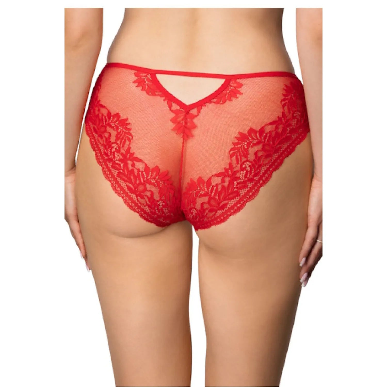 Culotte dentelle rouge floral, résille transparente, bijou doré central, élégante et féminine, ajustée et confortable.