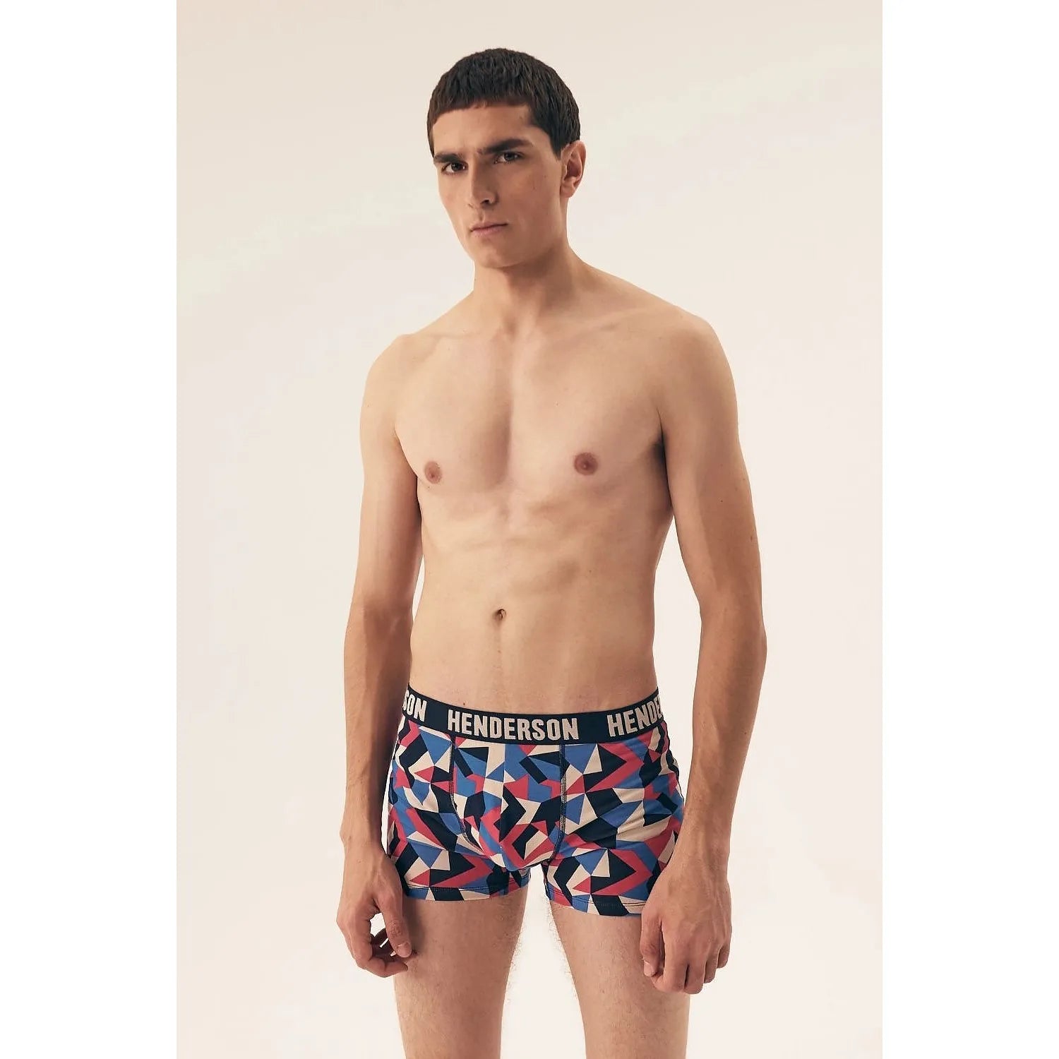 Boxer homme élégant Henderson motif géométrique bleu rouge rose blanc coton élasthanne extensible confortable ajustement maintien durable