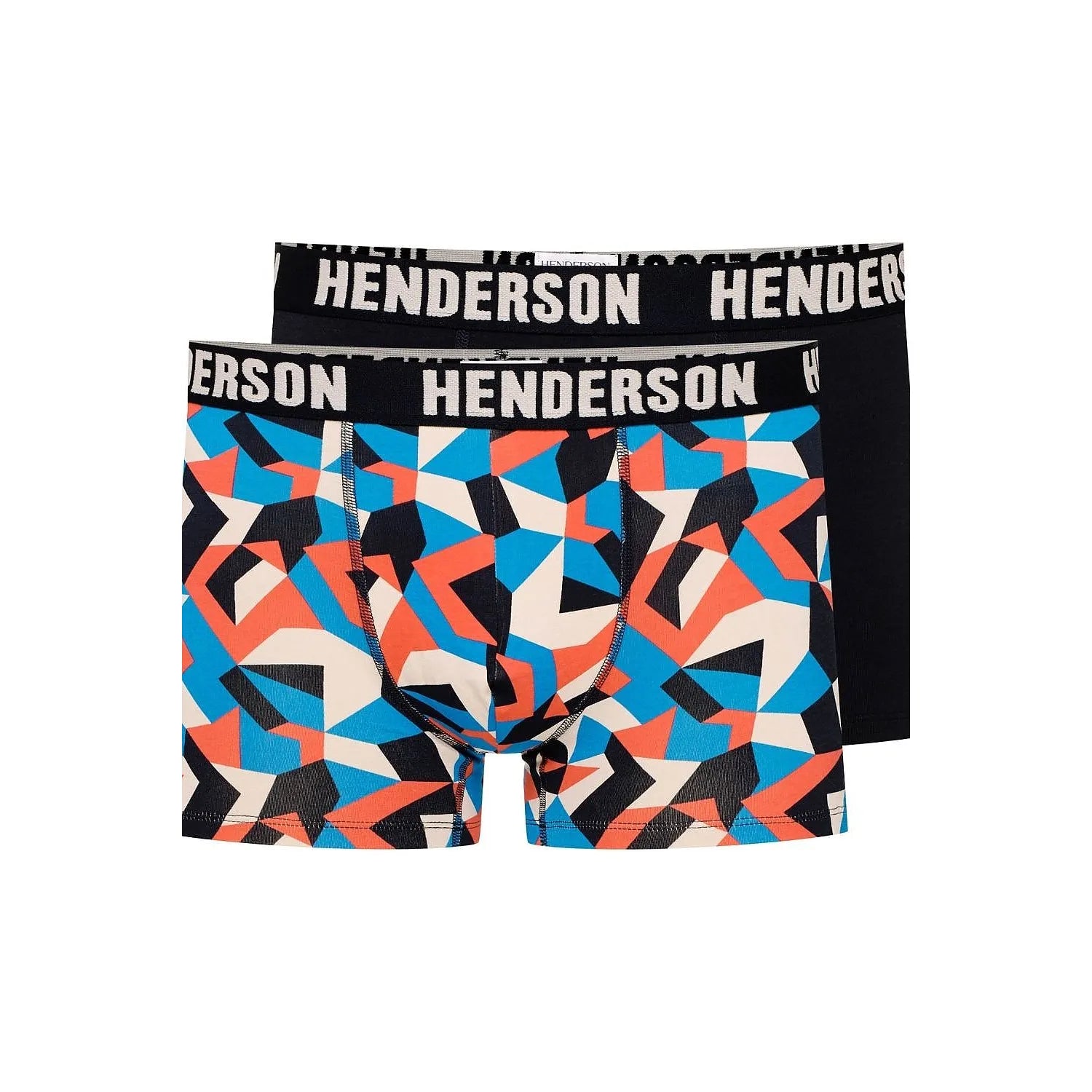 Boxer homme Henderson motif géométrique bleu rouge rose blanc, ceinture logo, coton élasthanne, ajustement confortable.