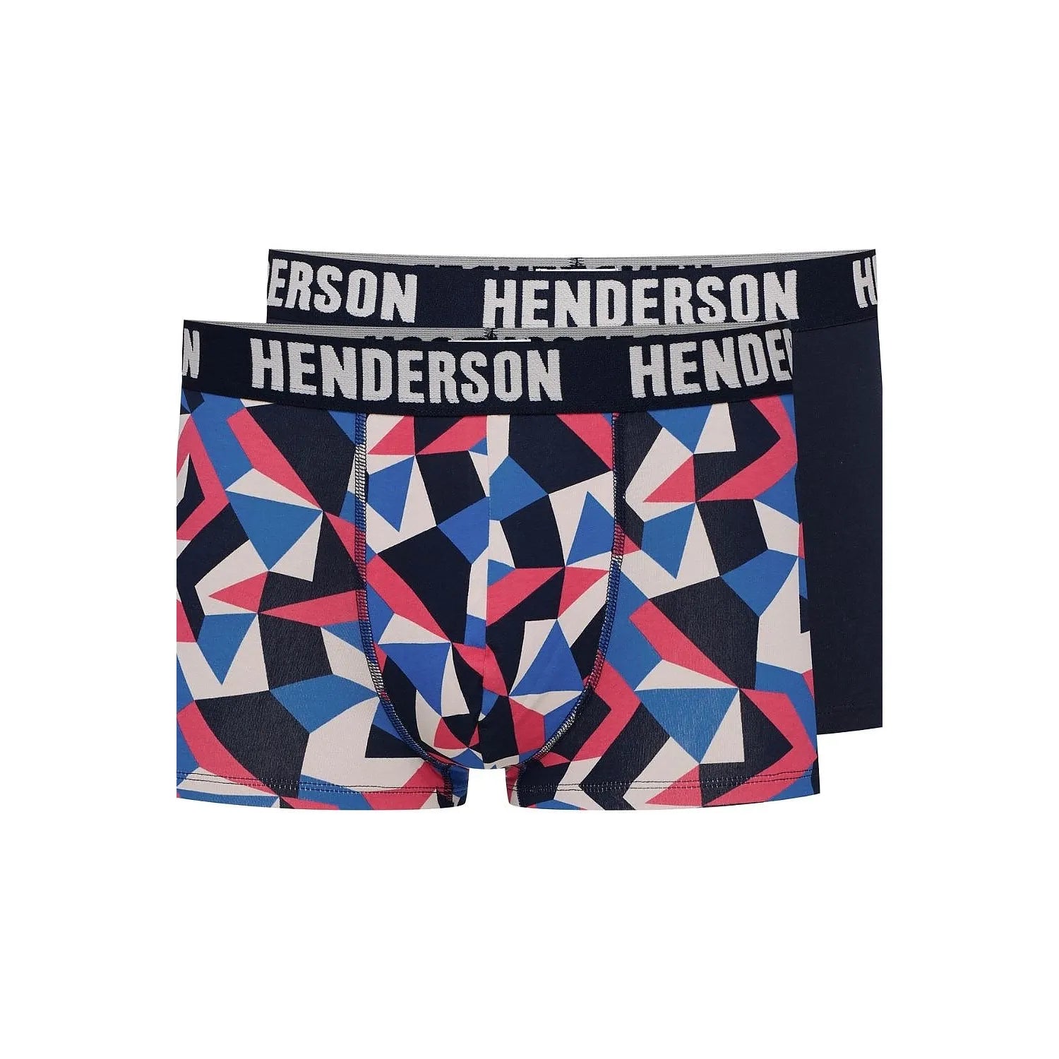 Boxer homme Henderson 208616, motif géométrique multicolore, ceinture logo, coton-élasthanne, confort et style ajusté.