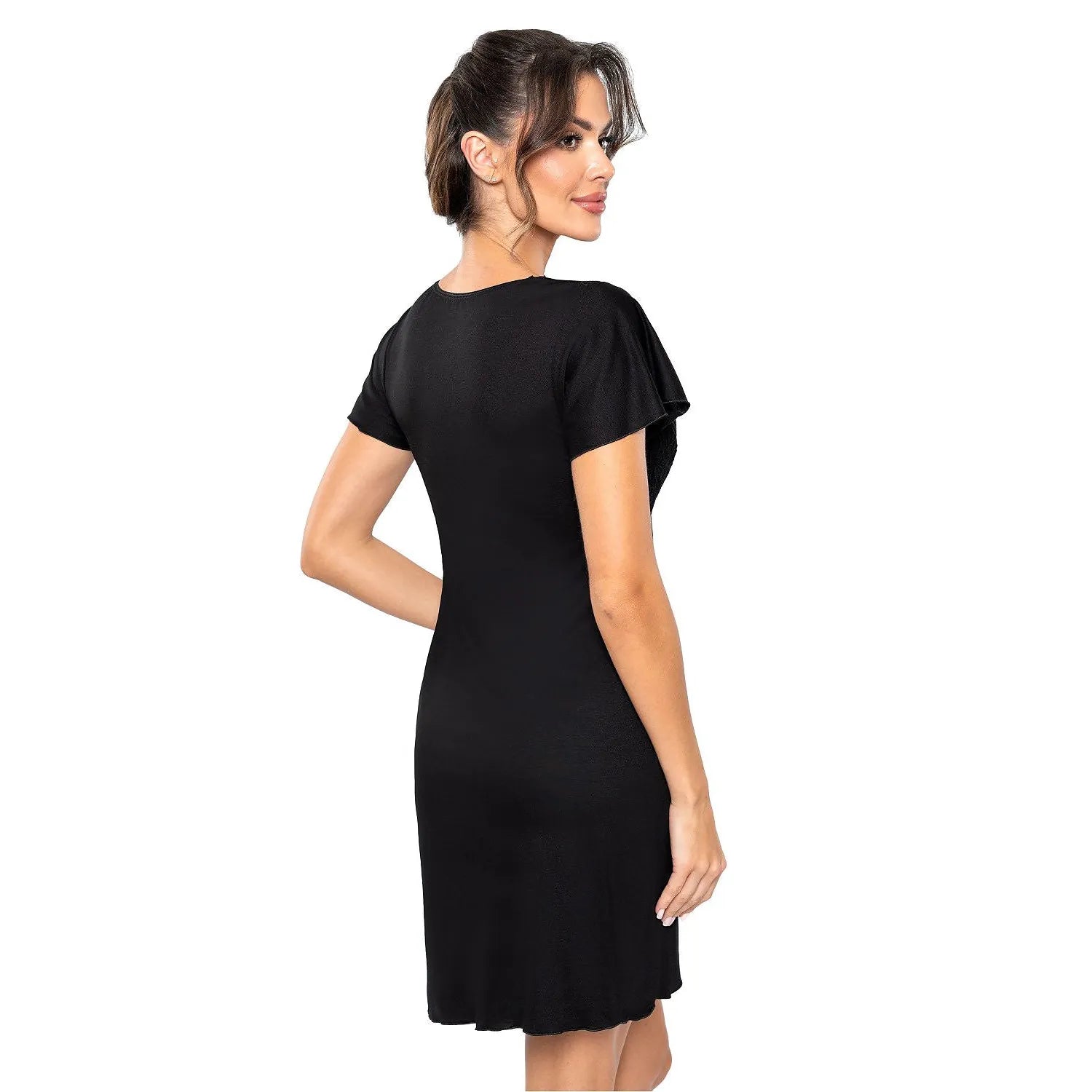 Chemise de nuit noire en dentelle, coupe ajustée, manches courtes, décolleté V, élégante et confortable pour occasions spé...