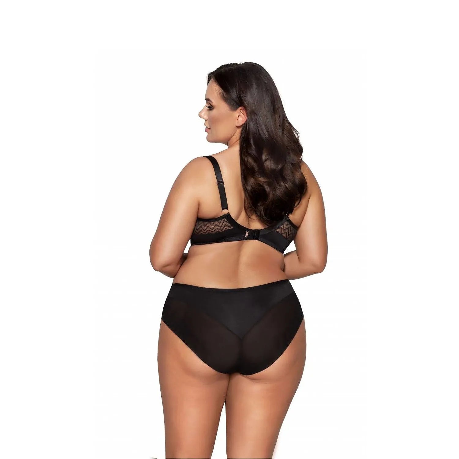 Ensemble lingerie noir avec motifs géométriques, soutien-gorge à bonnets transparents et culottes en microfibre ajustables.