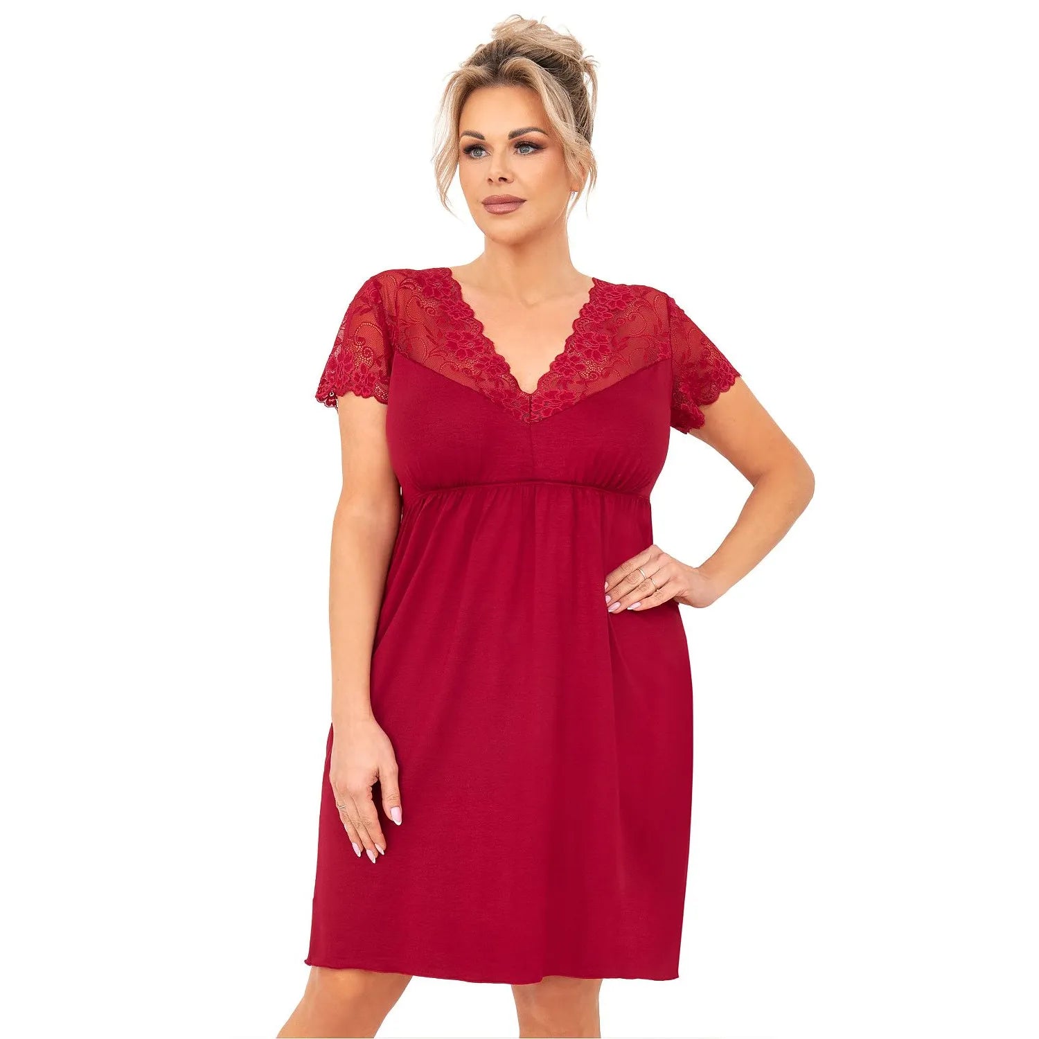 Chemise de nuit sensuelle et confortable pour femmes à poitrine généreuse dentelle V-neck élastique maintien 夜gown rouge