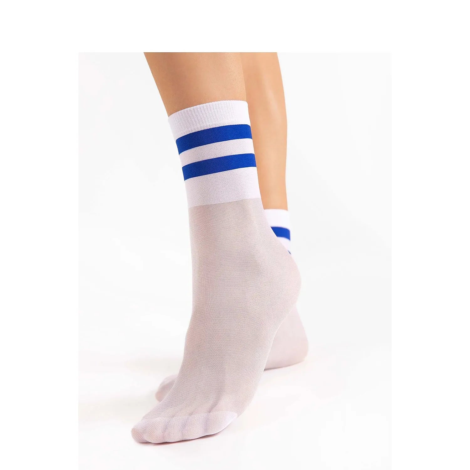 Fiore 213336 chaussettes hautes modernes élégantes sportives chic 20denier confortables durables élastiques maintien antiglisse bandes bleues base blanche légère transparence