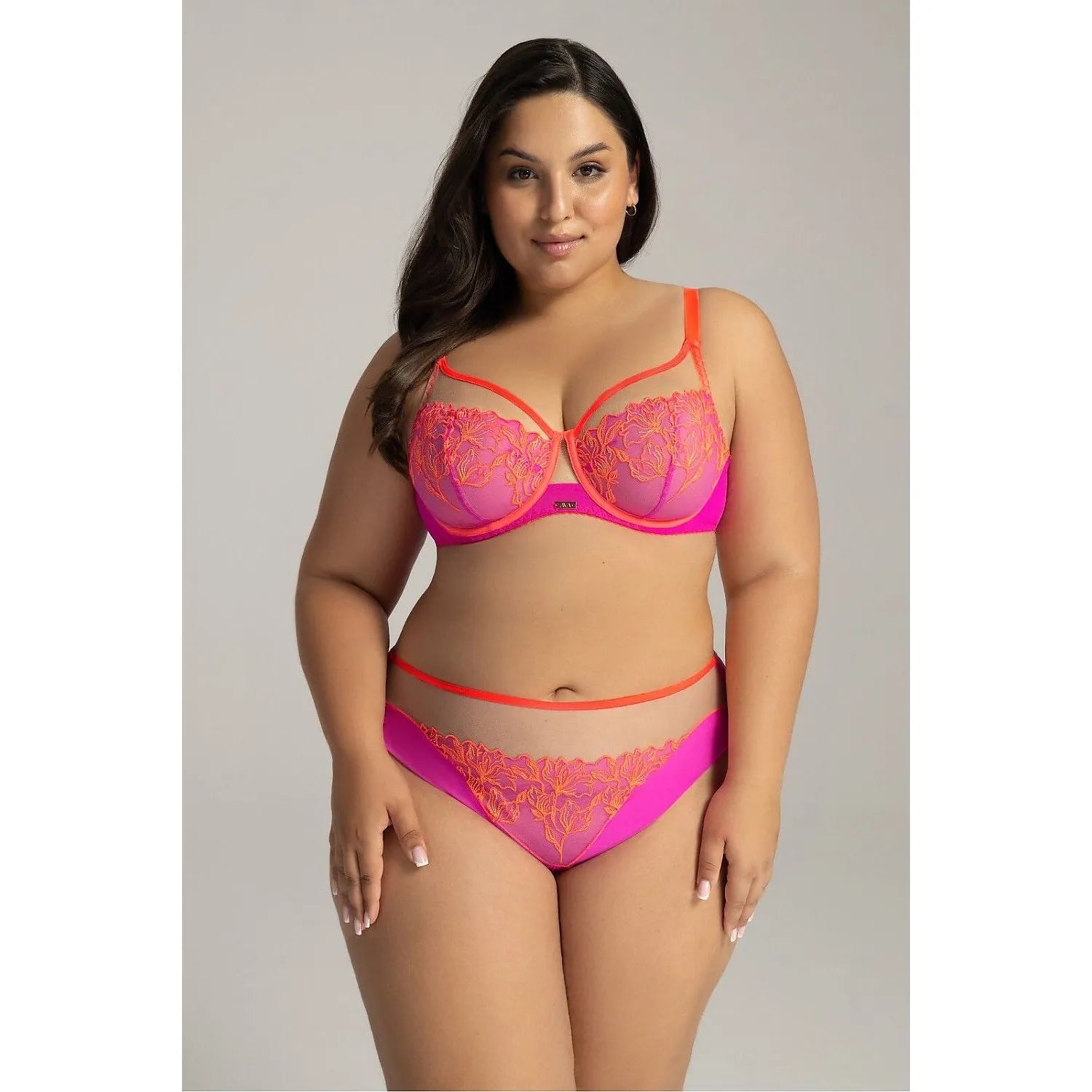Ensemble lingerie floral dentelle soutien-gorge culottes brésiliennes ajustables rose orange taille grande femmes rondes