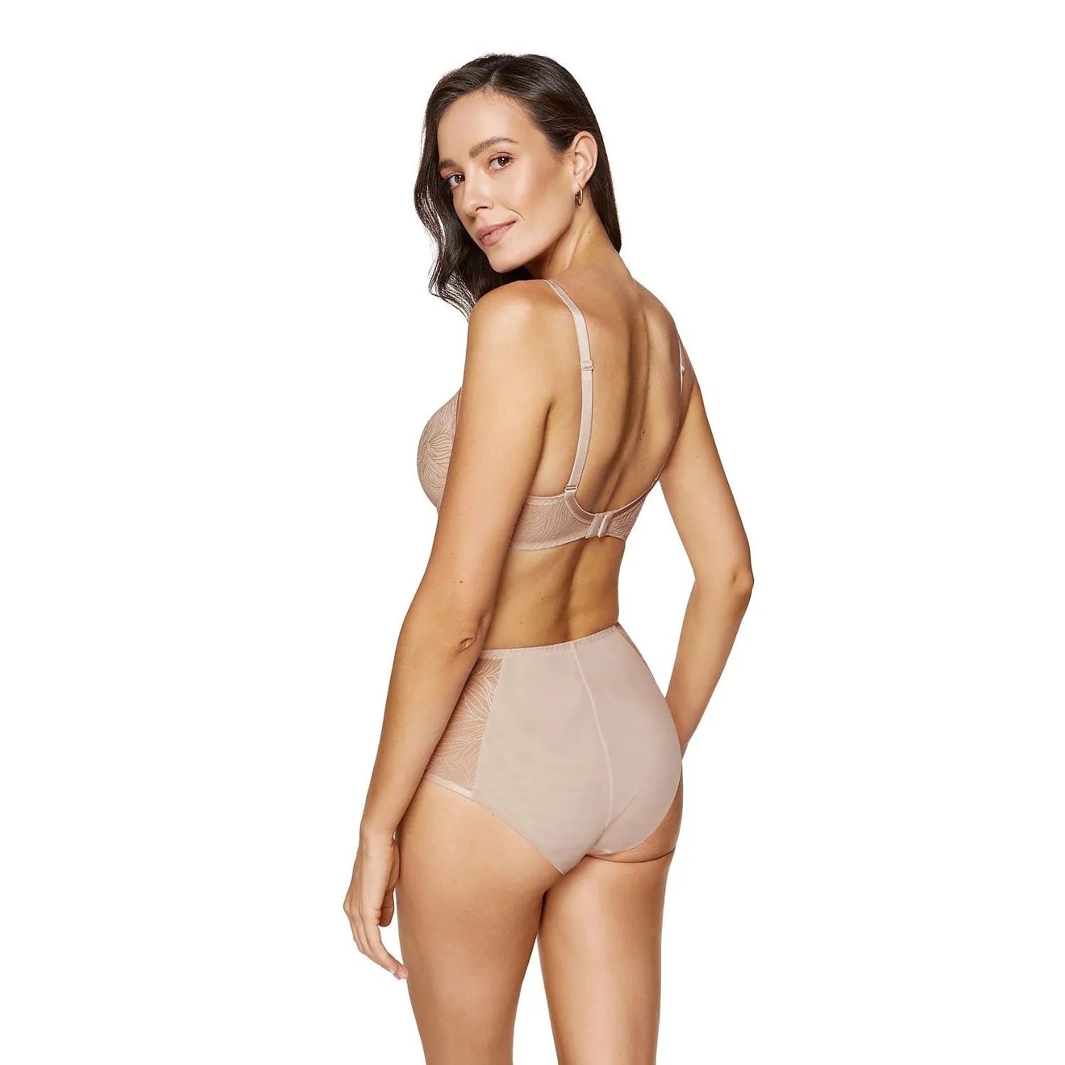 Ensemble lingerie beige dentelle florale, soutien-gorge et culottes taille haute, bretelles ajustables, confort doux.