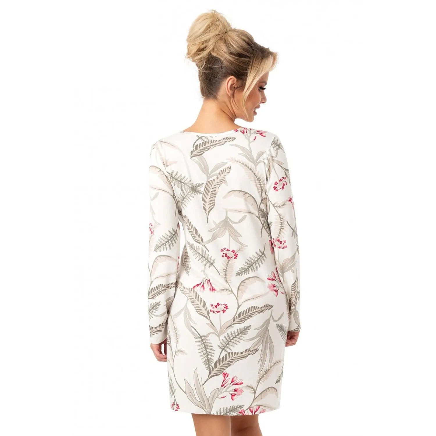 Chemise de nuit blanche à motifs floraux, manches longues, longueur genou, dentelle à l'encolure, modèle 218038 Donna.