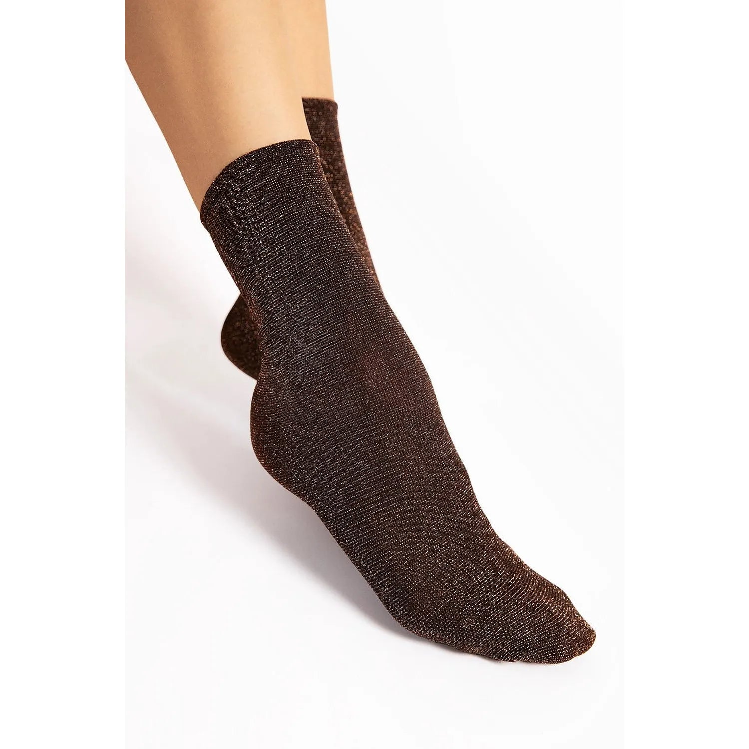 Chaussettes Fiore scintillantes marron, design classique, confort soyeux, accessoire mode femme élégant et luxueux.