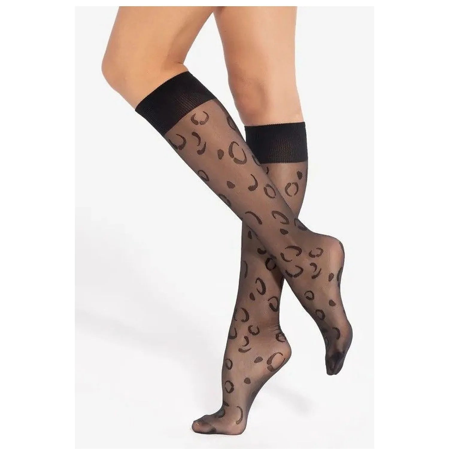 Chaussettes longues transparentes motif léopard noir, bande opaque au-dessus, élégantes et sensuelles, mi-cuisse.