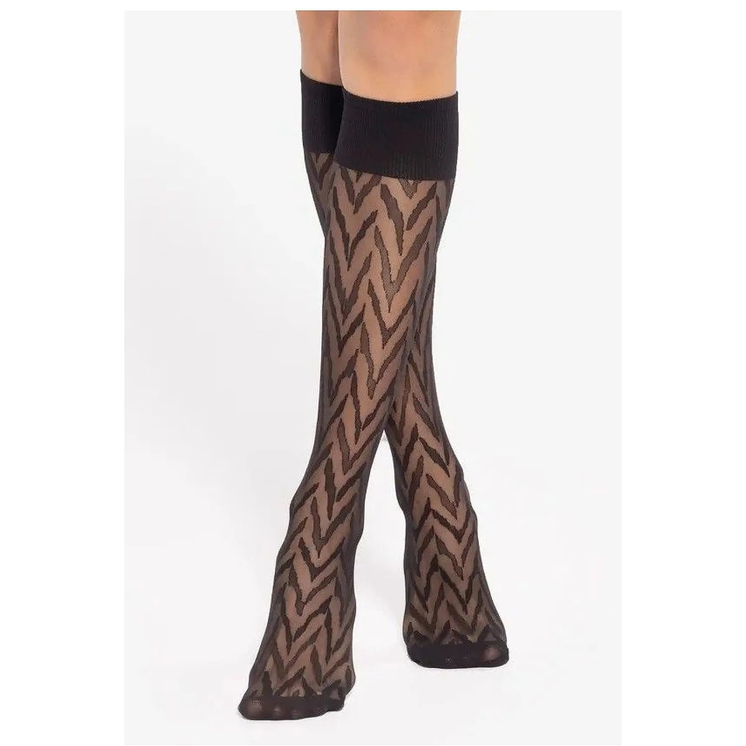Chaussettes longues sexy motif zigzag opaque genou couleur noire elastique confortable lingerie élégante femmes