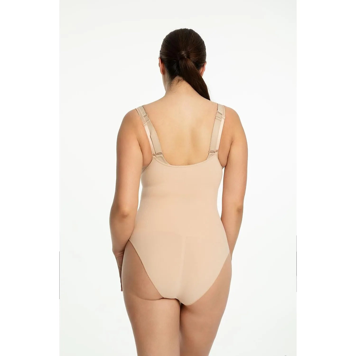 Body Julimex beige gainant, sans couture, open bust, vue arrière, bretelles ajustables, silhouette sculptante élégante.