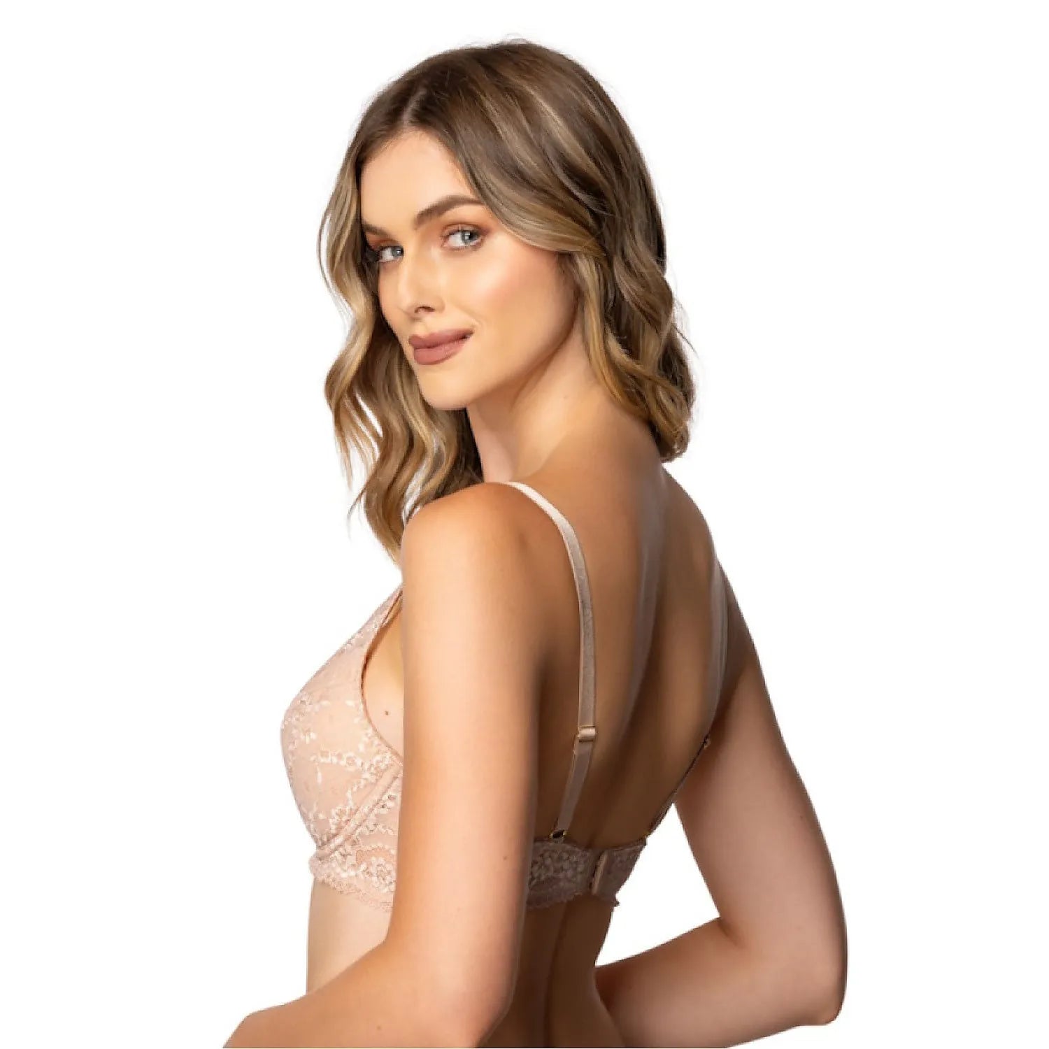 Ensemble lingerie dentelle florale nude, soutien-gorge triangle à armatures, élégance féminine, vue de dos.