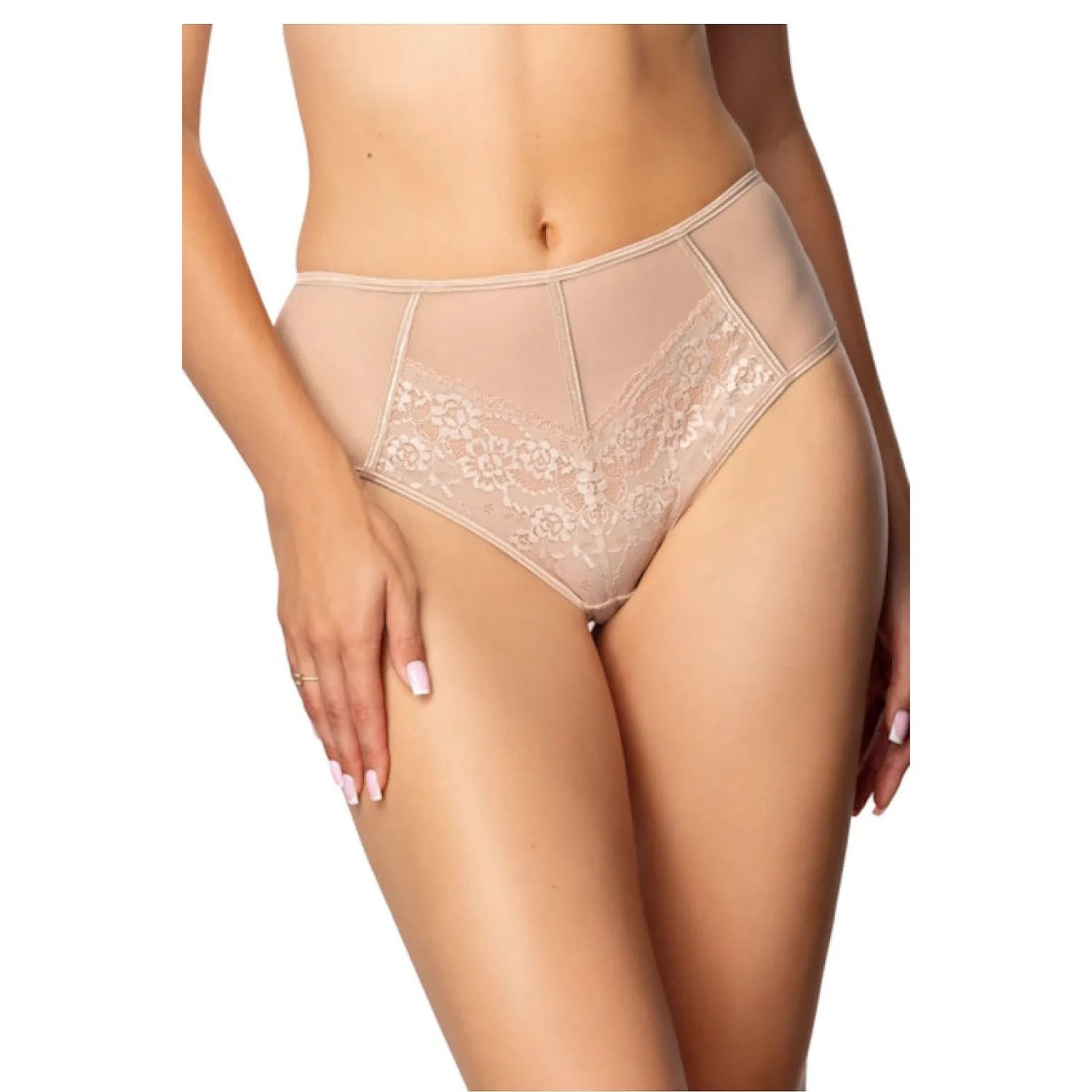 Culotte taille haute beige Sonnet model 219298 Mat microfibre dentelle florale confort maximal lingerie féminine elegance ajustement parfait