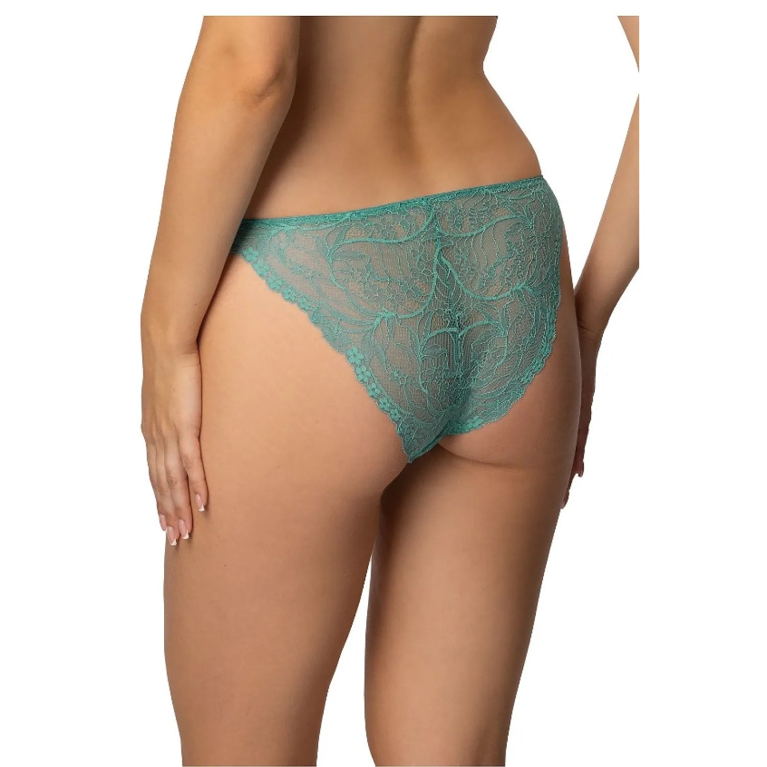 Culotte string en dentelle turquoise, motif floral délicat, ajustée, élégante, confort, lingerie féminine sensuelle.